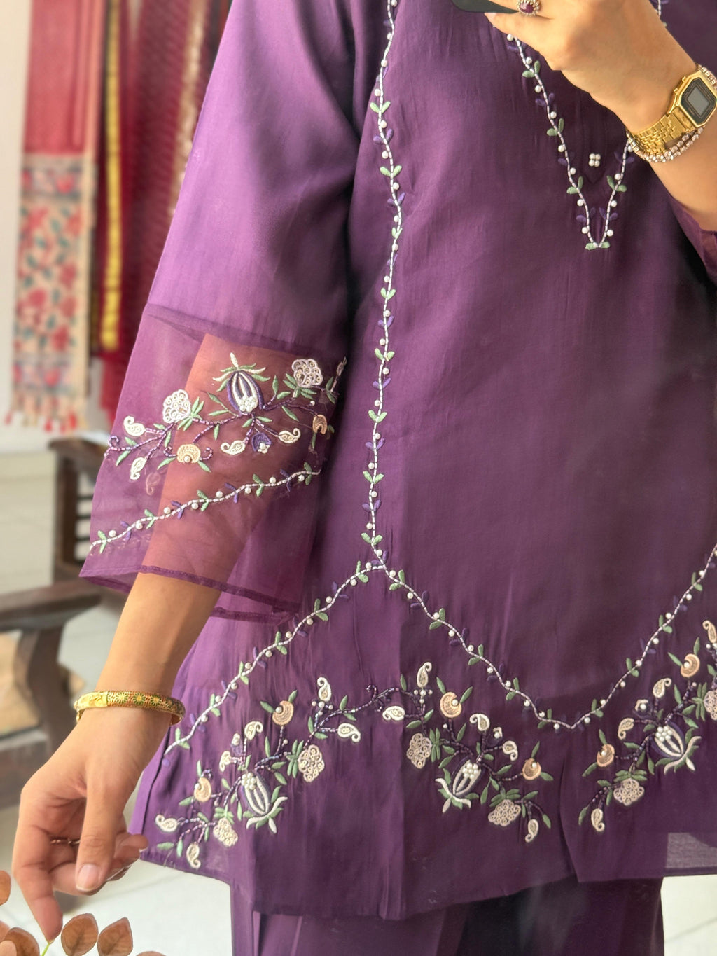 Purple Handwork Co-Ord Set for Women | Embroidered Cotton Co-Ord Set