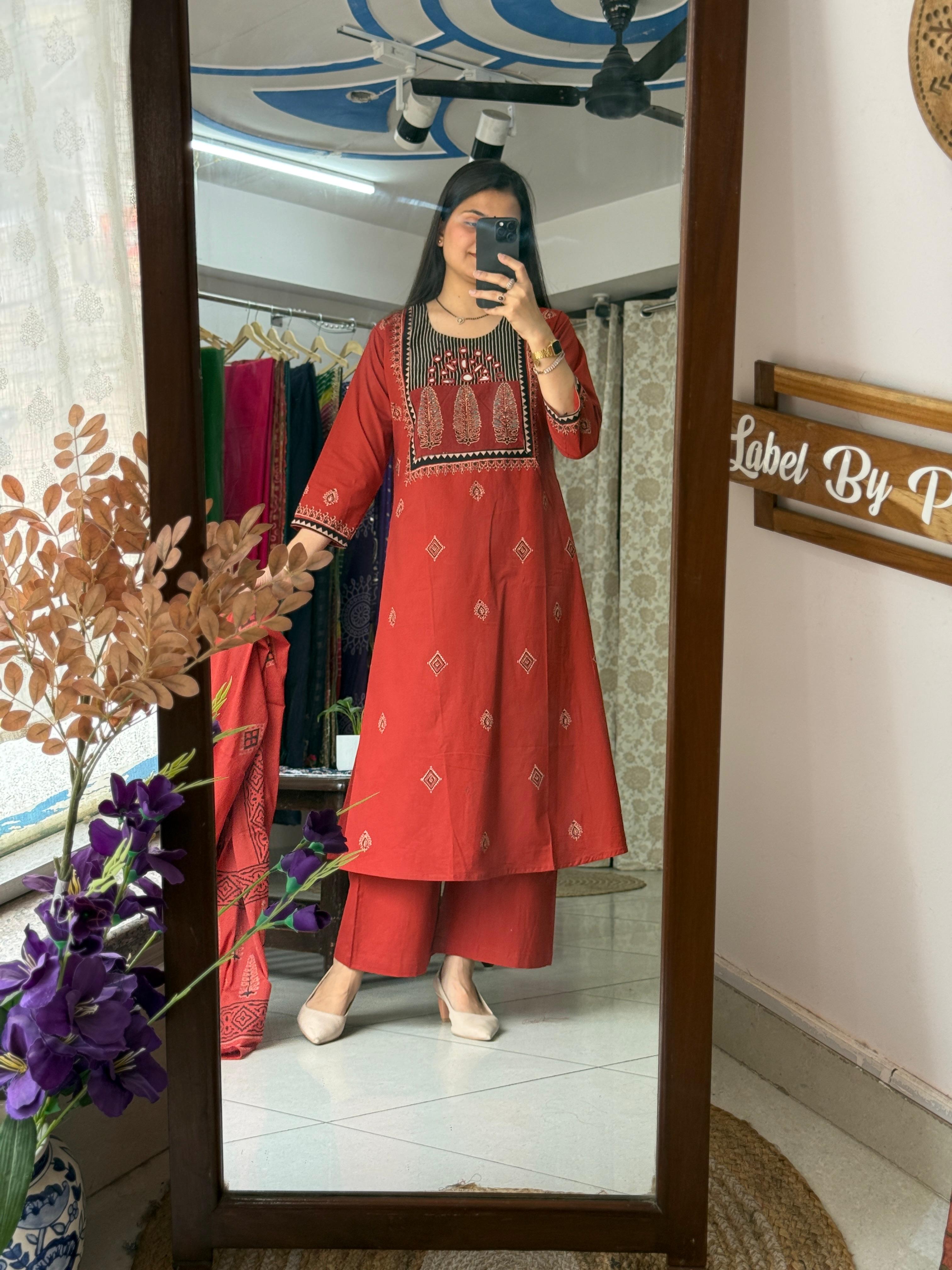 Orange A-Line Suit Set for Women with Embroidered Yoke and Printed Dupatta | Label By Pushp