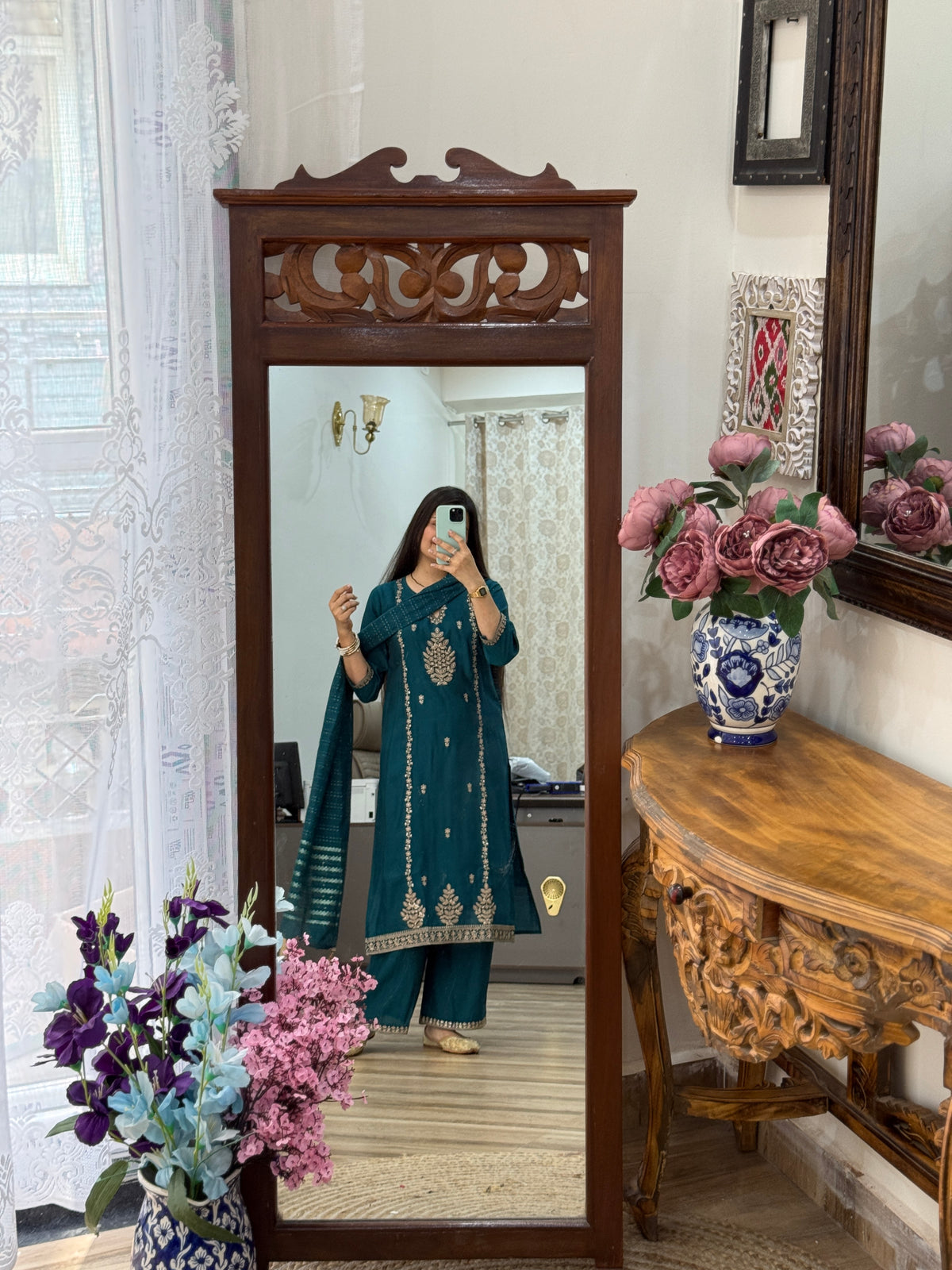 Peacock blue suit | With cotton lining| Embroidered| Stylish neckline