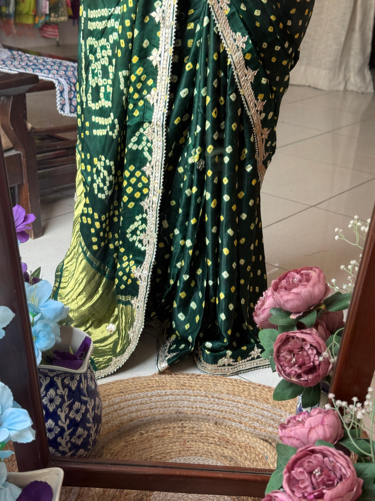 Green Pure Gaji Silk Bandhani Saree with Gotta Patti Handwork|Comes with blouse | Premium Handwork Saree