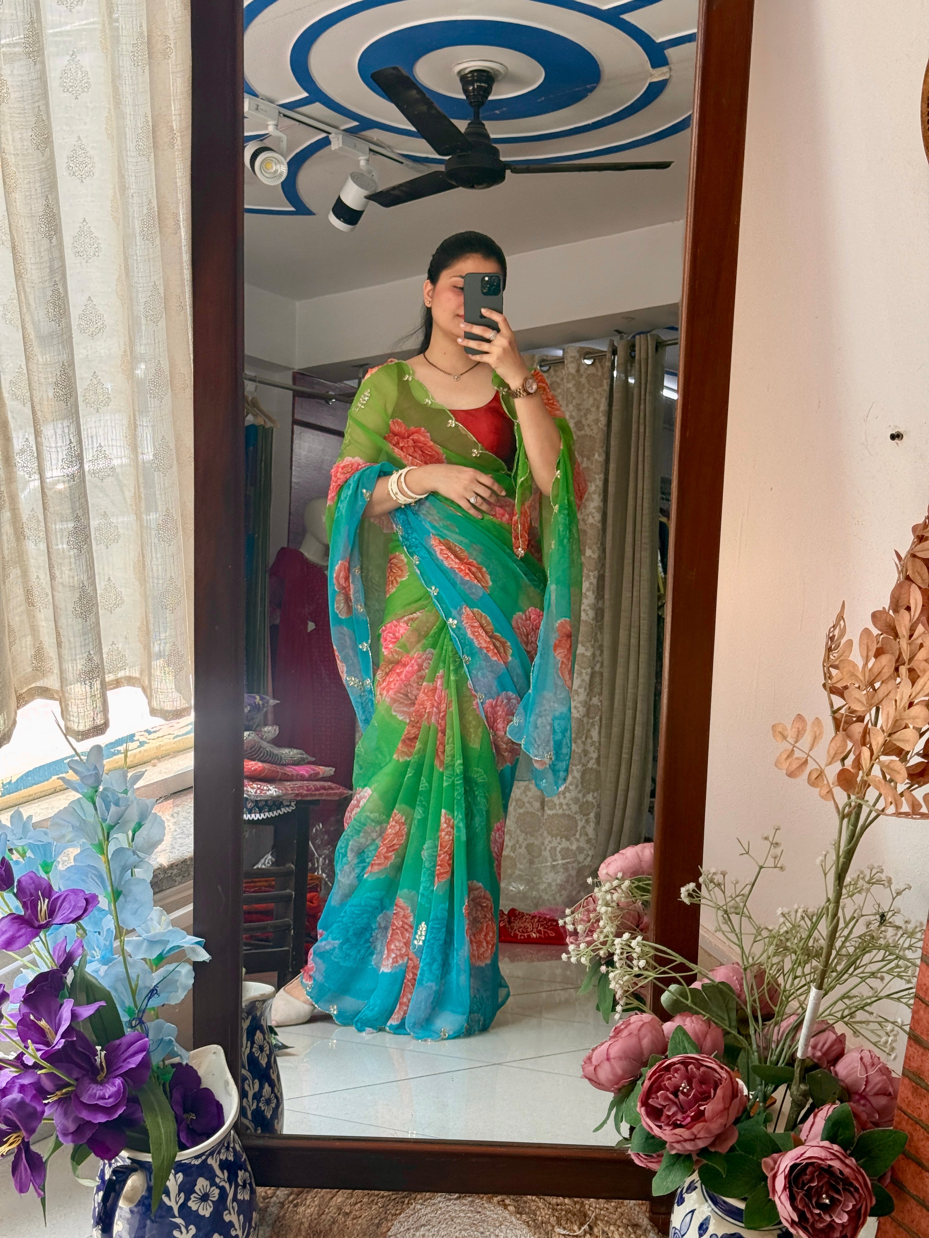 Mor Pankh Pure Georgette Digital Printed Saree| Handwork cutdana detailing| Without blouse