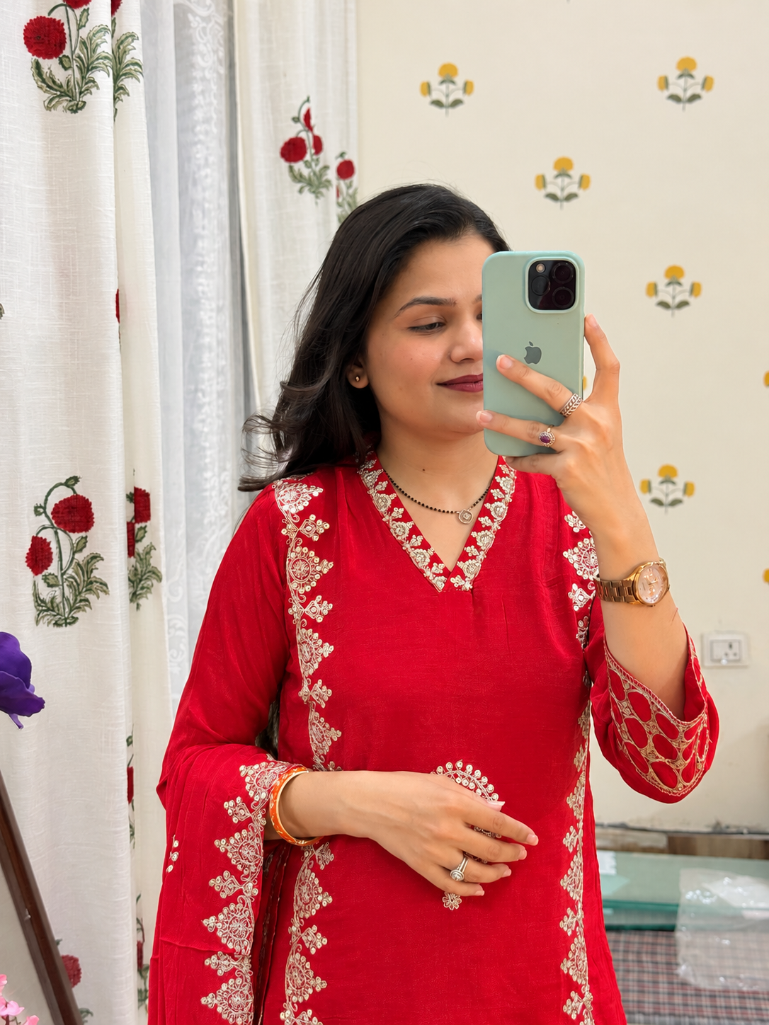 Red Karwachauth Silk Suit | Cotton lining in top + bottom| Embroidered back | Silk Duppata| Zari Embroidered