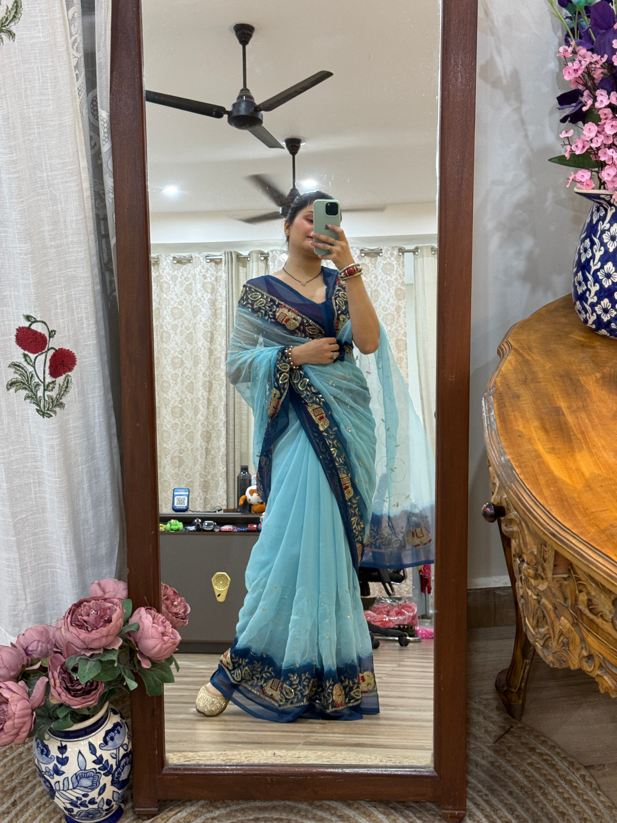 Dual Blue Zari Embroidered| Georgette Sarees| Without Blouse