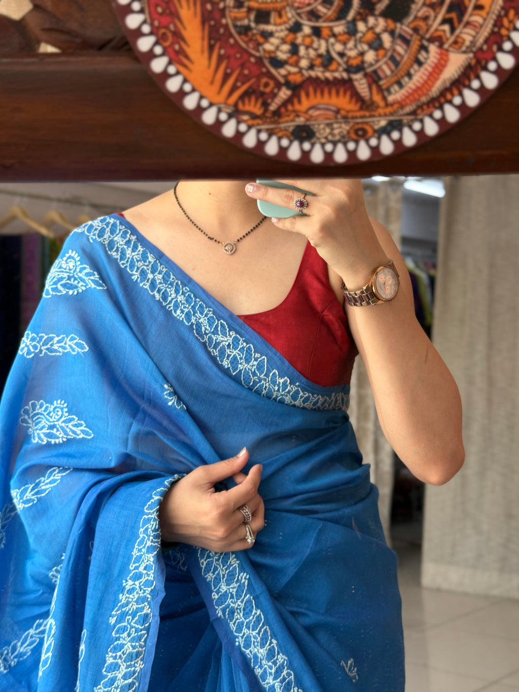 Blue Hand Embroidered Chikanakri Saree| Mul Chanderi Fabric| With embroidered blouse