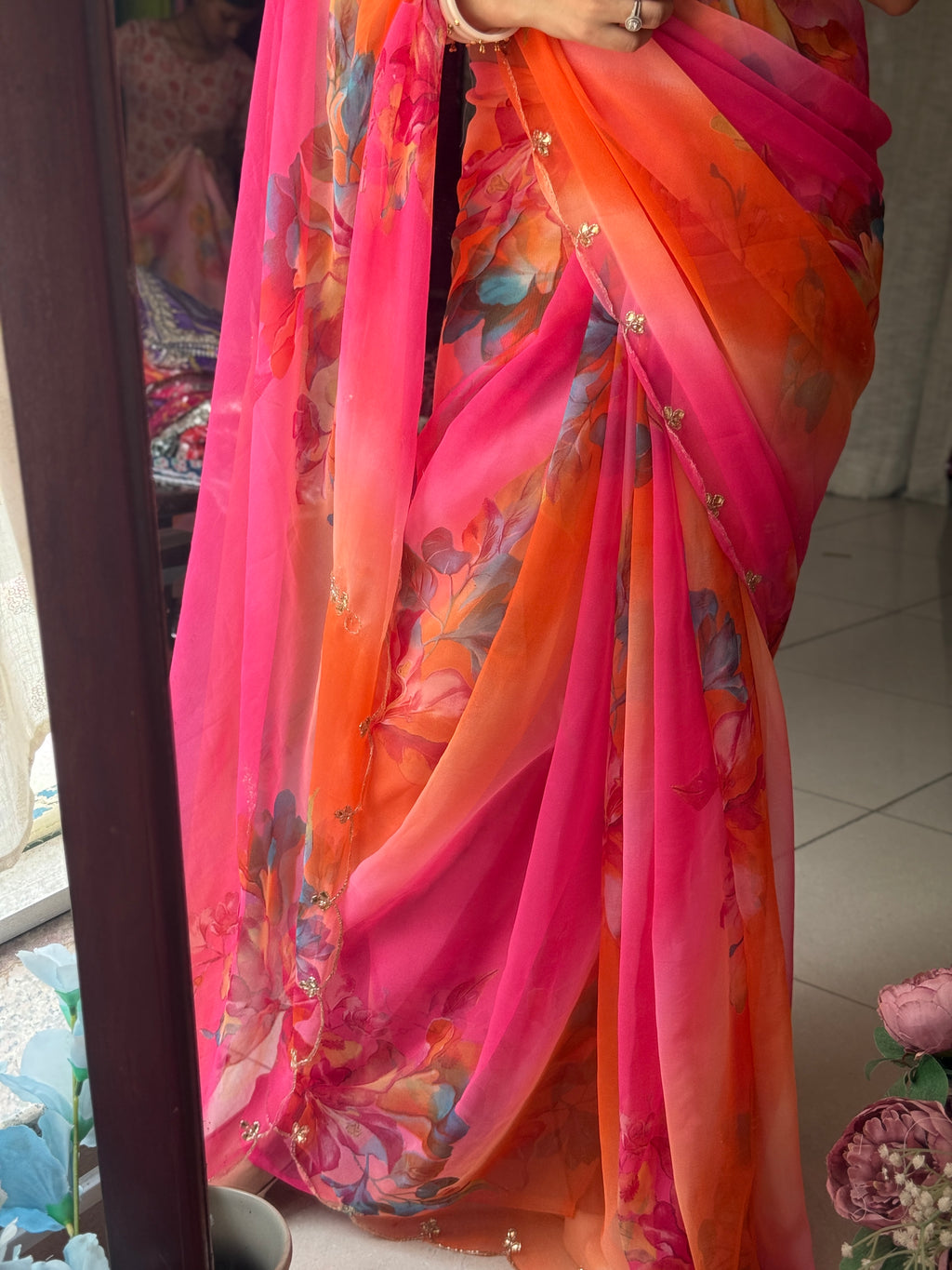 Peachy Pink |Pure Georgette Digital Printed Saree| Handwork cutdana detailing| Without blouse