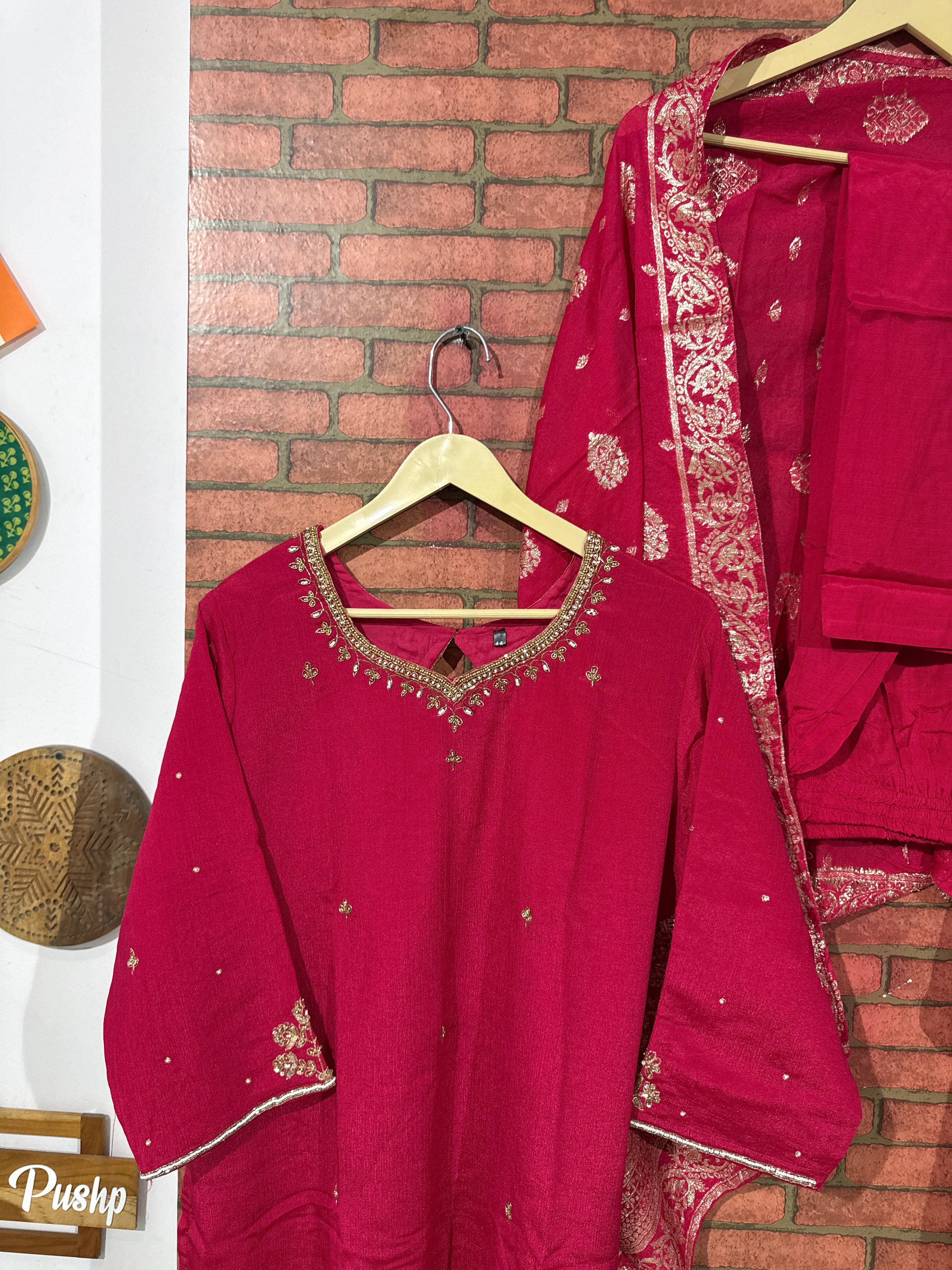Pink Suit Set| Hand embroidered| designer back & Sleeves| With lining| Banarsi Duppata