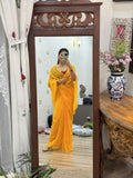 Mustard Yellow |Pure Georgette Digital Printed Saree| Handwork cutdana detailing| Without blouse
