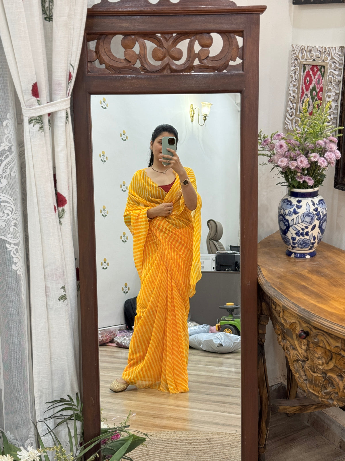 Mustard Yellow |Pure Georgette Digital Printed Saree| Handwork cutdana detailing| Without blouse