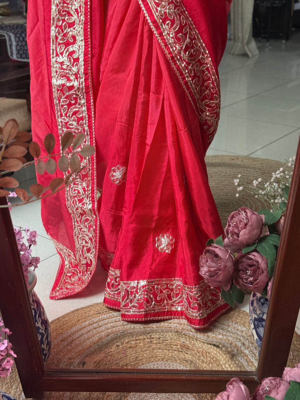 Red Dola Silk Saree|Gota patti with sequin work| With embroidered blouse | Partywear
