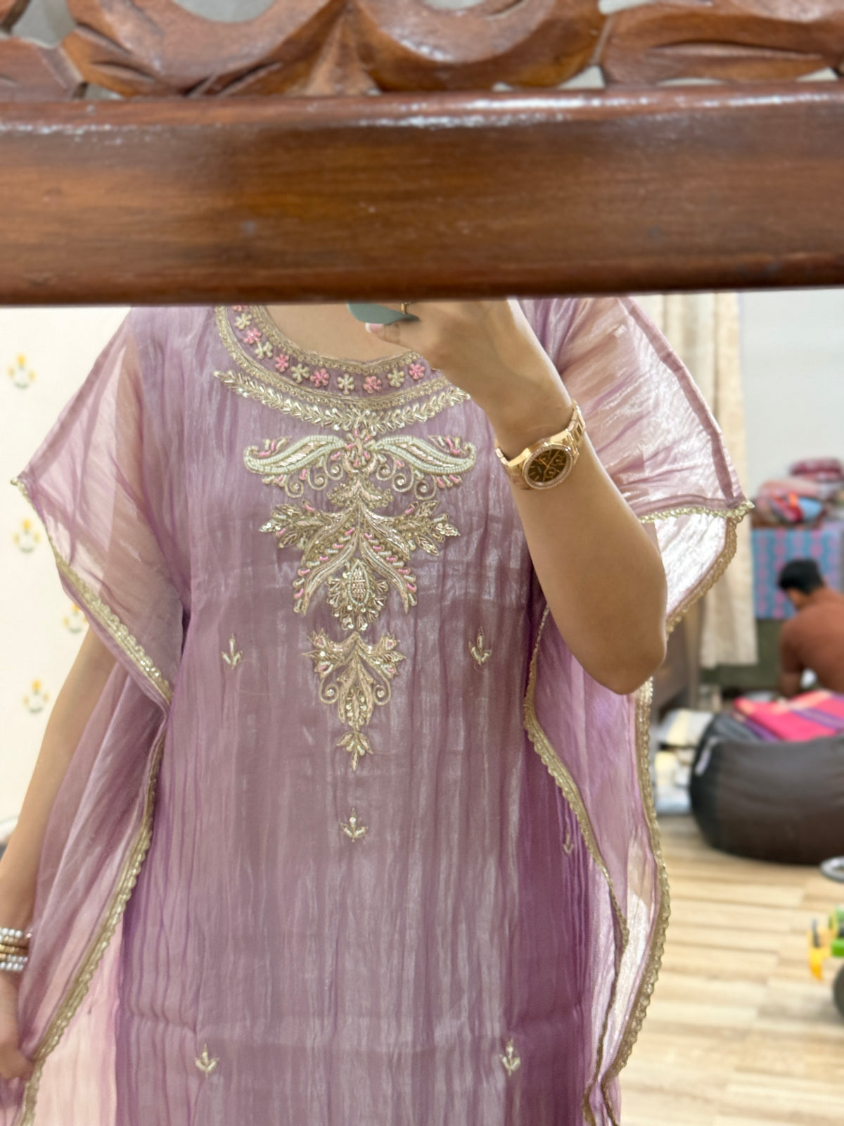 Designer Partywear Crushed Tissue Kaftan suit | With inner| Hand Embroidered