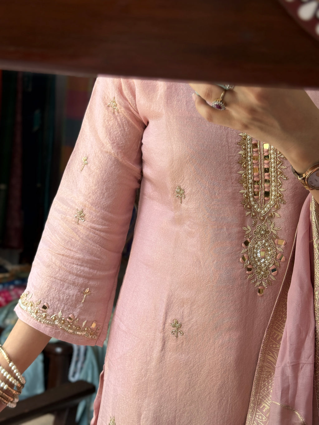 Hand Embroidered Tissue Shimmer Suit| Designer sleeves, bottom with Pure Duppata lacework| within lining