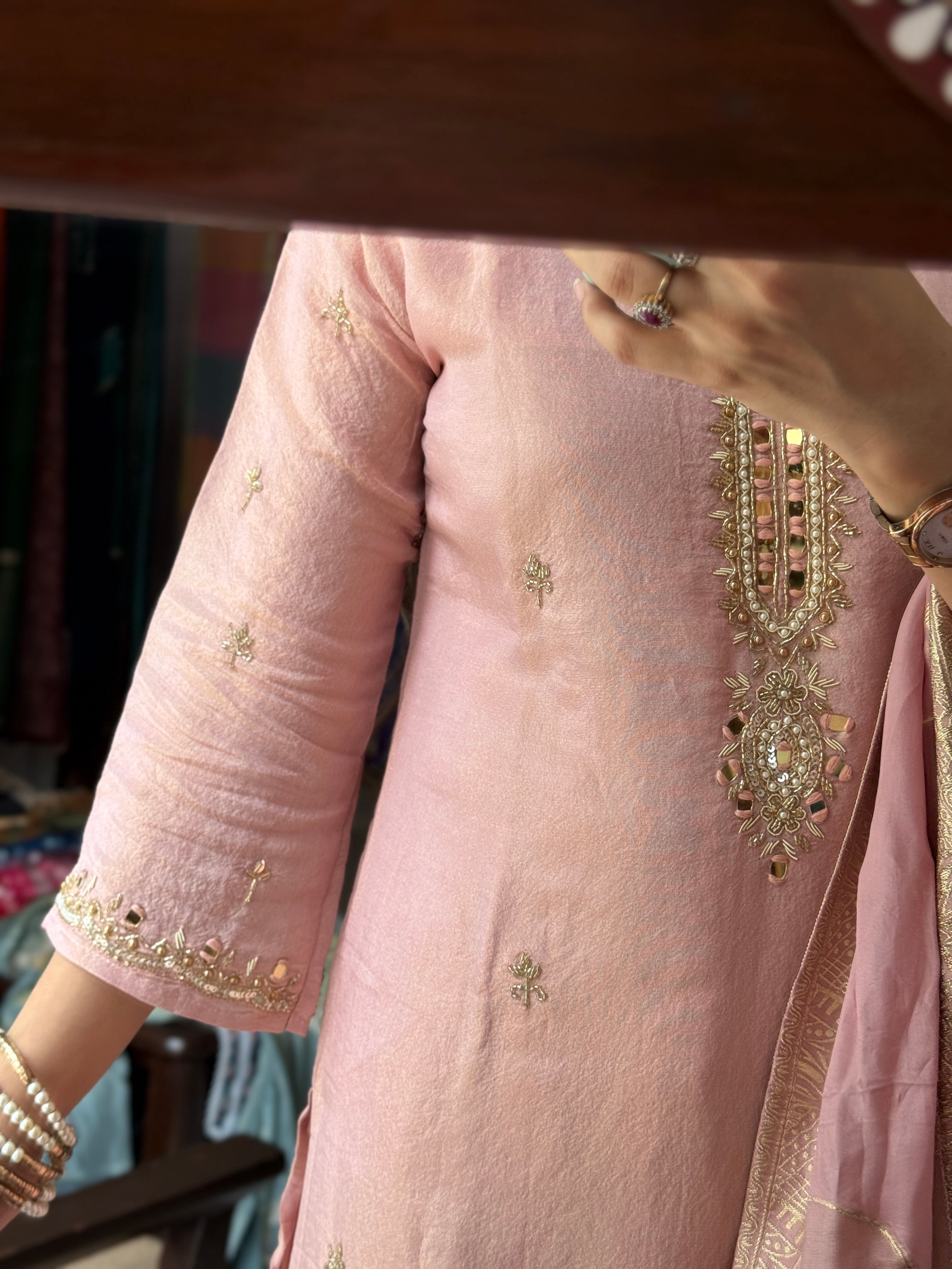Hand Embroidered Tissue Shimmer Suit| Designer sleeves, bottom with Pure Duppata lacework| within lining