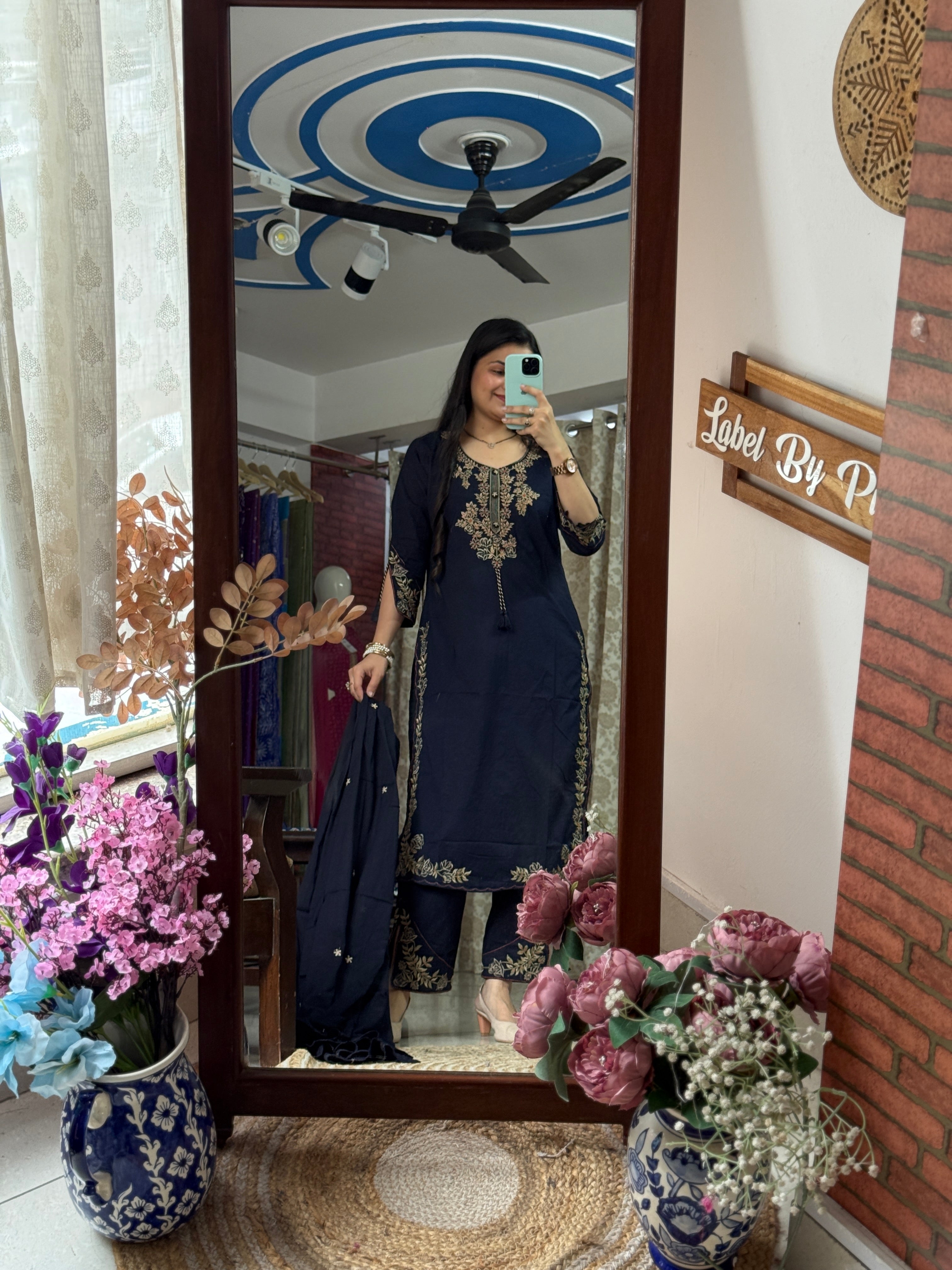 Blue Designer Cotton Suit Set with Embroidered Neckline & Designer sleeves and bottom with mul cotton embroidered Dupatta