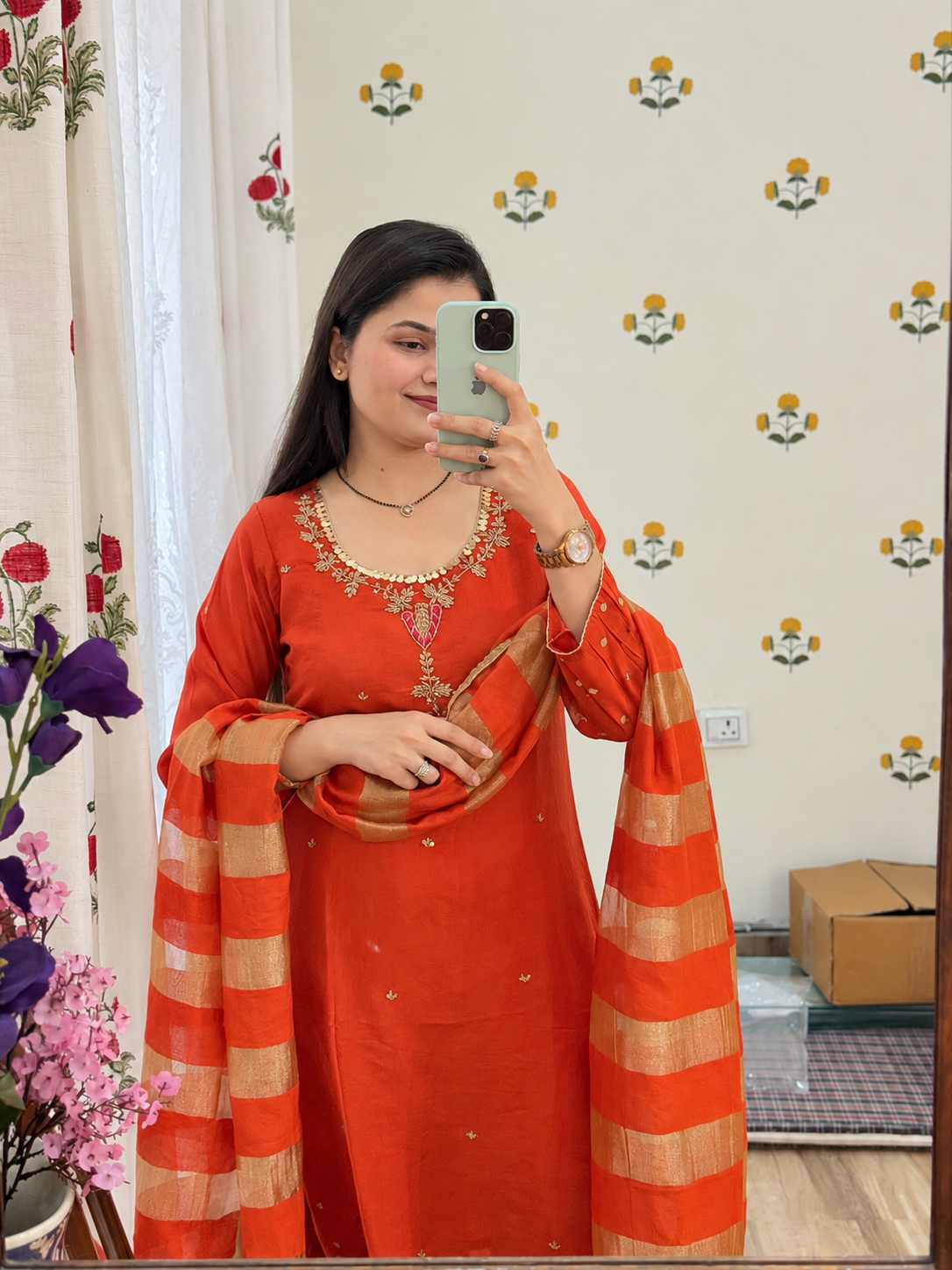 Rust Orange Mul Chanderi Suit | With cotton lining| Hand Embroidered| A line pattern| Tissue Duppata