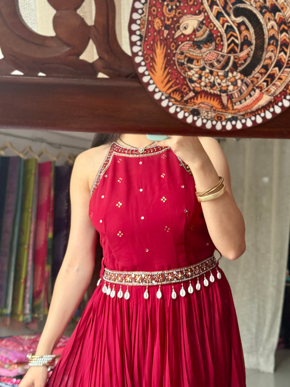 Red Partywear Hand embroidered Dress| Extra sleeves| Comes with hand embroidered belt| Duppata for styling| Rakhi Special