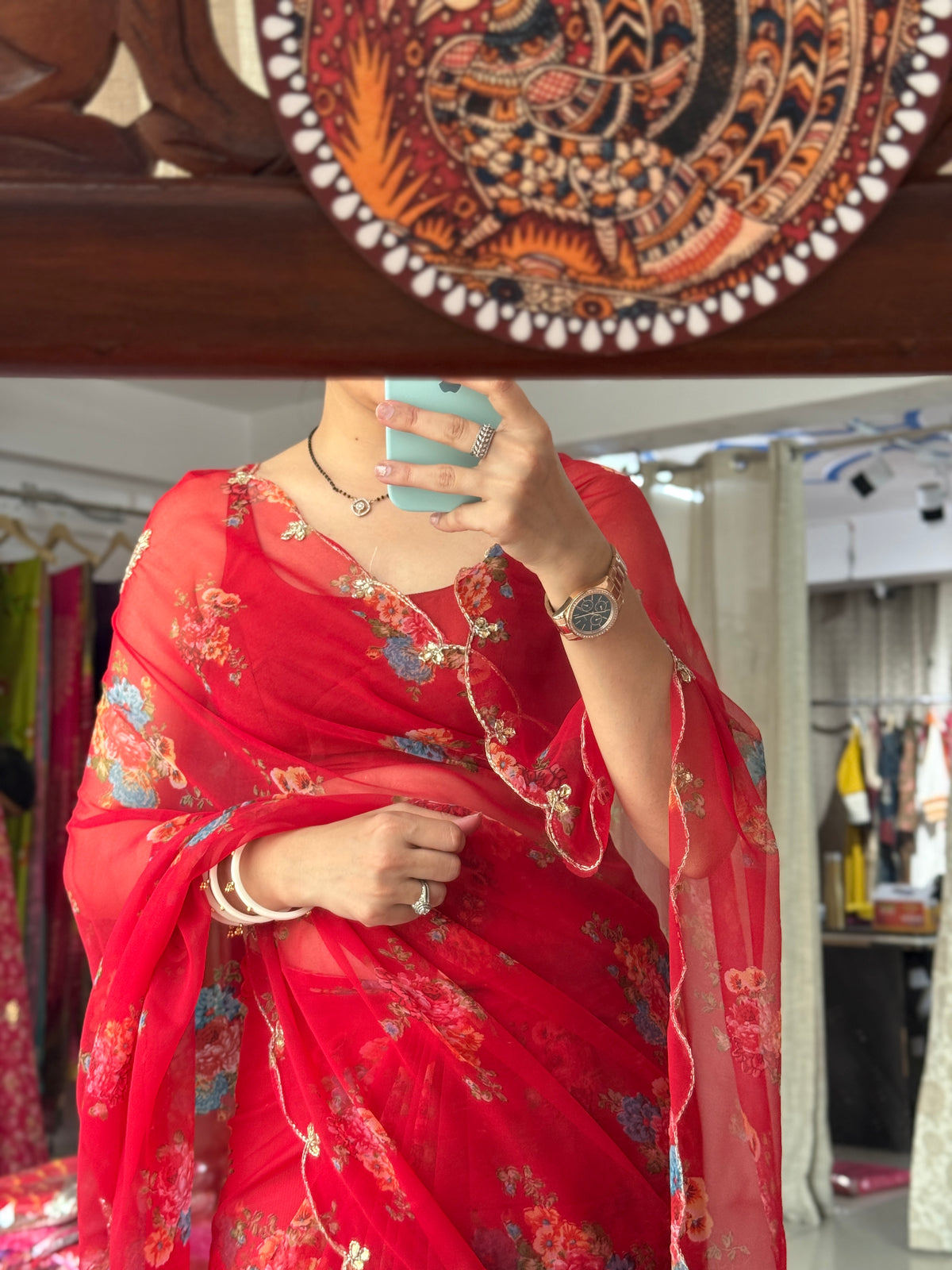 Red Floral |Pure Georgette Digital Printed Saree| Handwork cutdana detailing| Without blouse