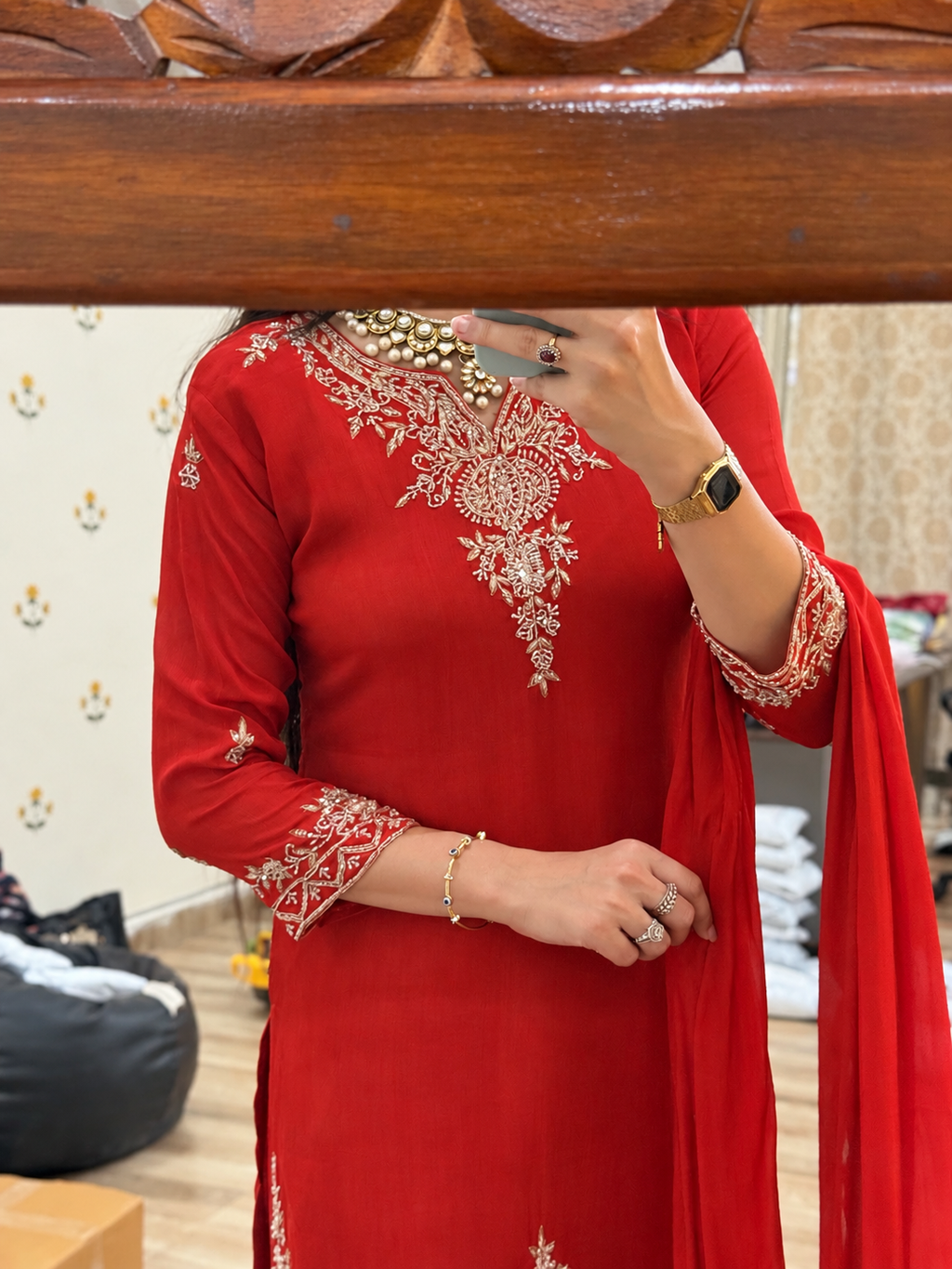 Karwachauth Special Hand embroidered Rust Orange Cutdana Suit| With lining| Chinon|Umbrella cut Plazo