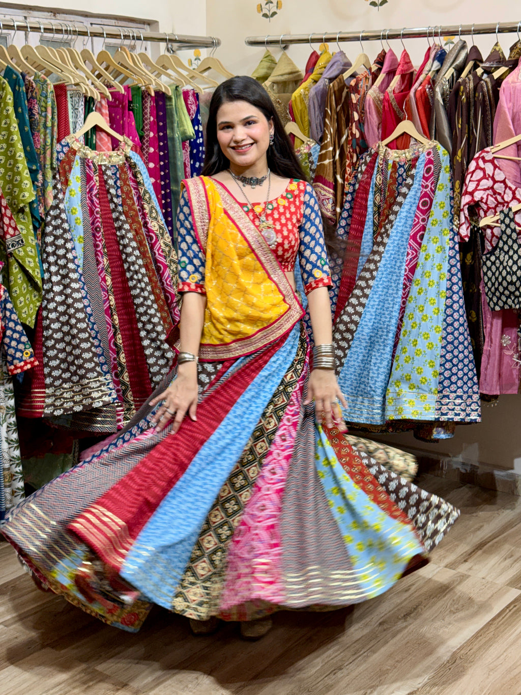 Garba Skirt| Cotton Block Printed Fabric| With inner| Gota pattiwork | 9-10 meters flair