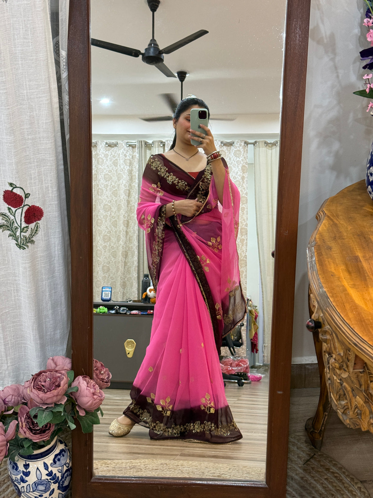 Pink Black Zari Embroidered| Georgette Sarees| Without Blouse