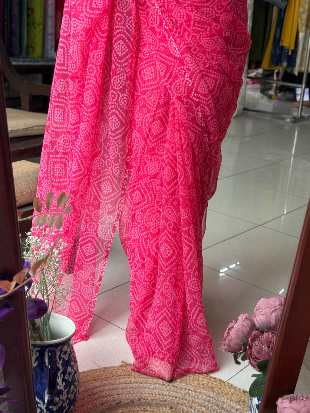 Peach Georgette Bandhani Saree|without blouse| Budget Friendly