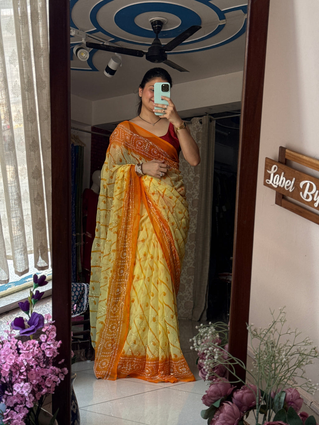 Dual tone Pure Georgette Saree| Handwork cutdana detailing| With blouse