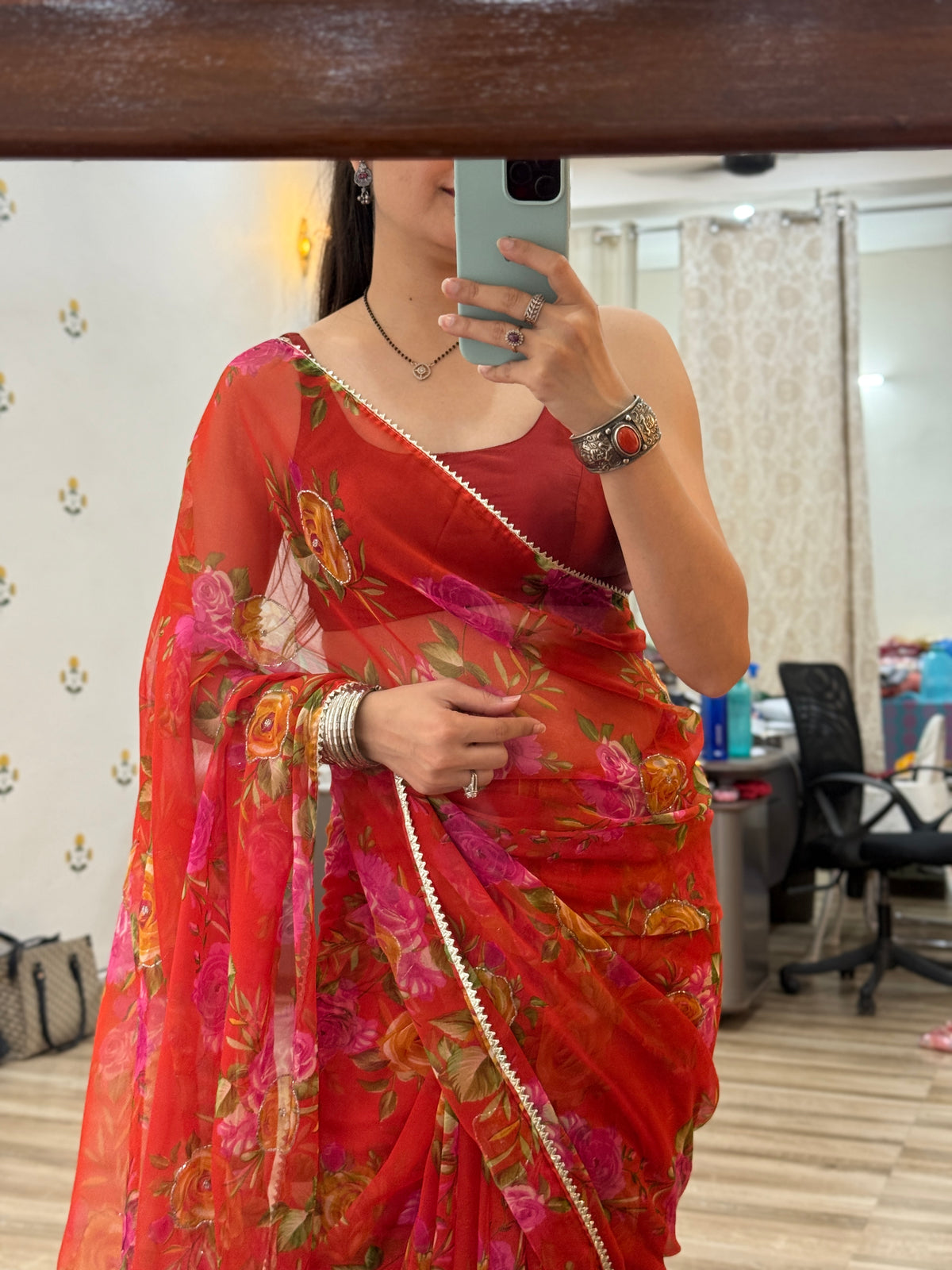 Orange Floral |Pure Georgette Digital Printed Saree| Handwork cutdana detailing| Without blouse