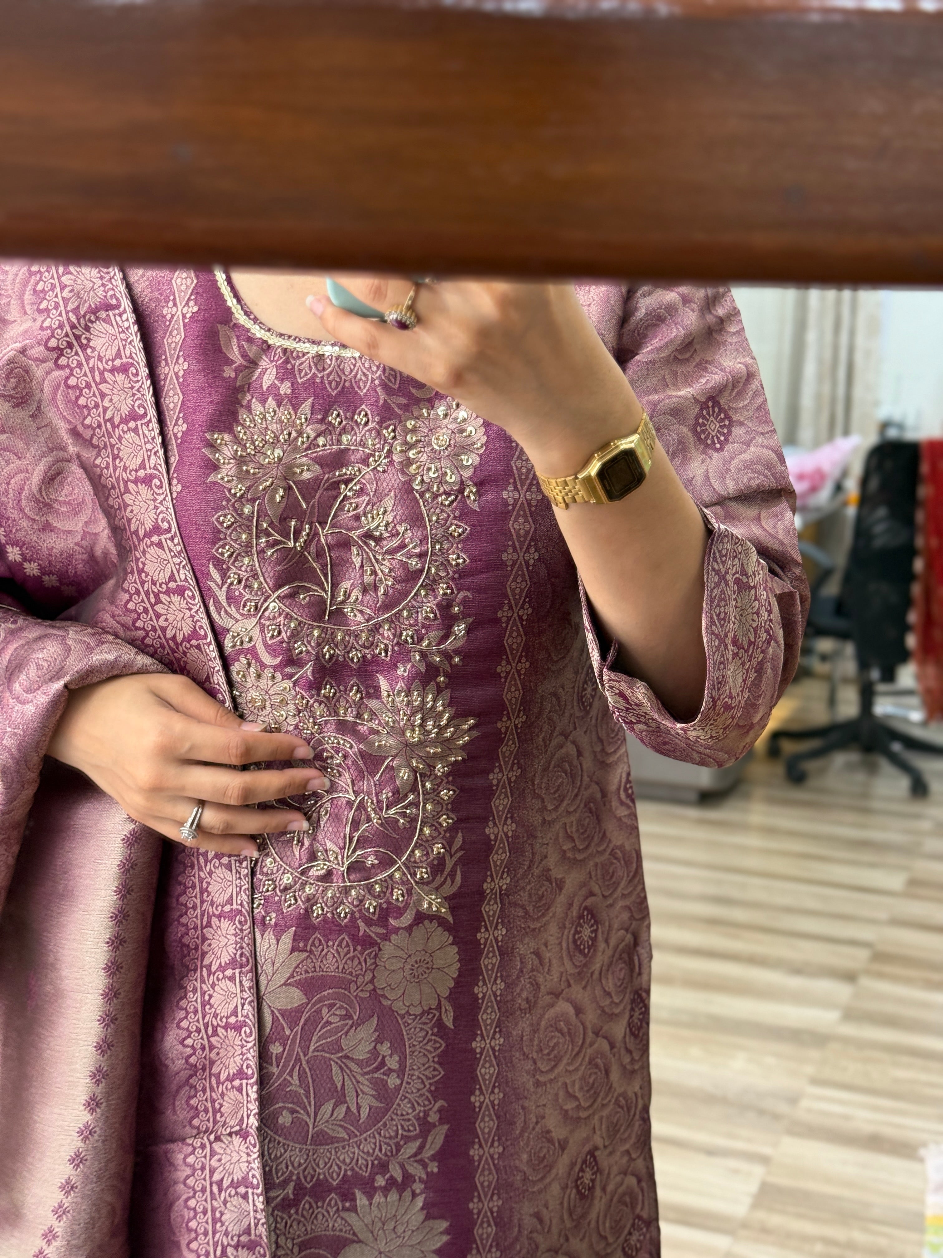 Wine Heavy Partywear Suit | Tissue Brocade suit | With cotton lining| Hand Embroidered| Designer Duppata