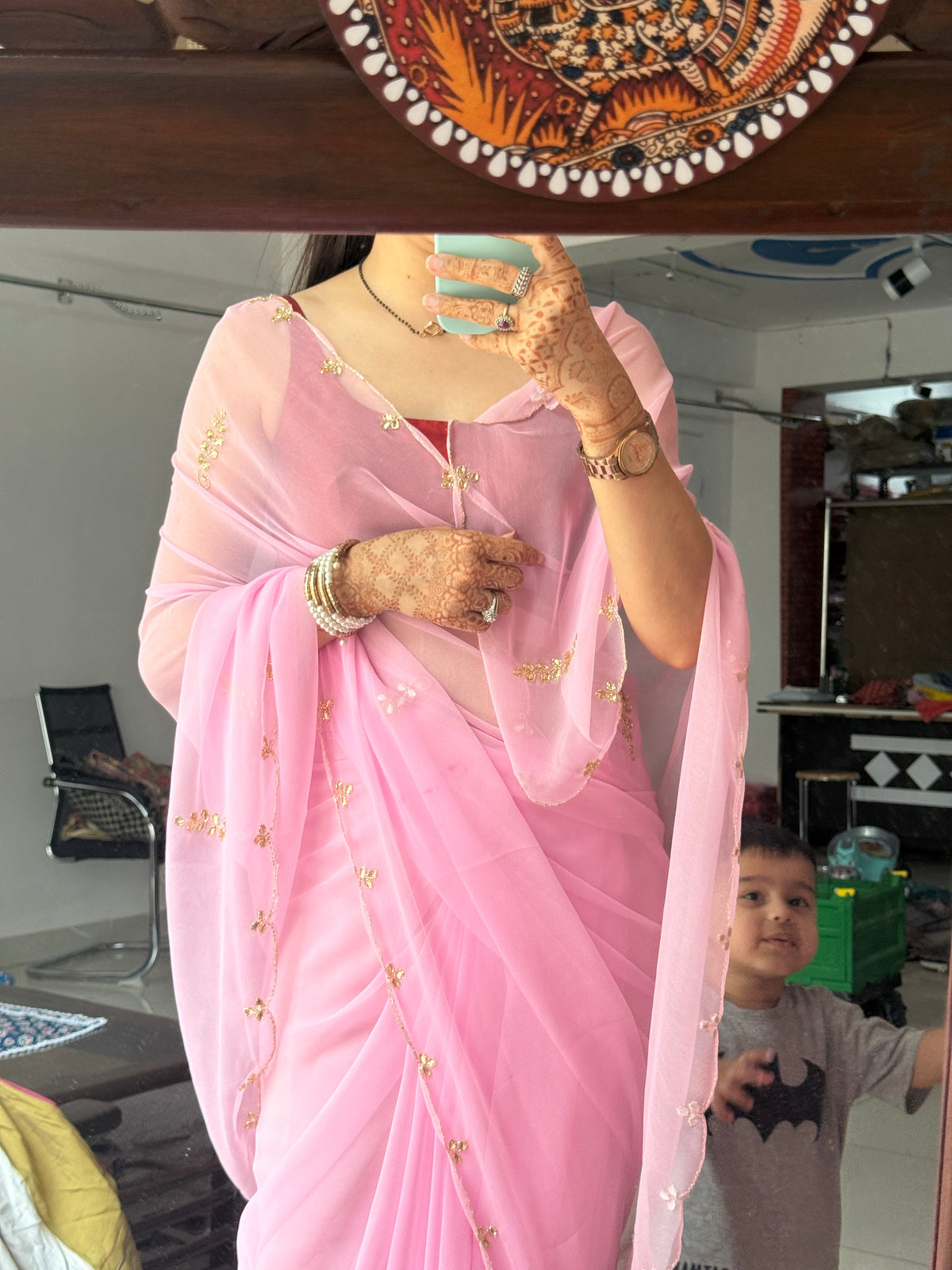 Baby Pink Pure Georgette Saree| Handwork cutdana detailing| With blouse