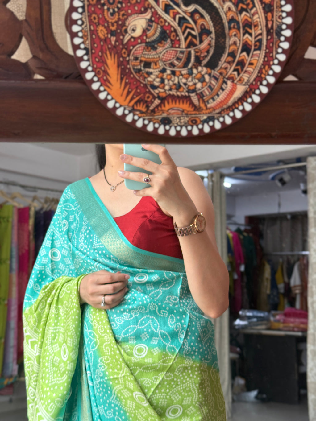 Firozi Green Bandhani Saree|  Woven border on both sides| With blouse| Self weave dola silk