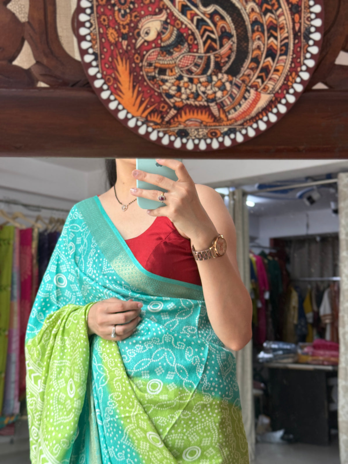 Firozi Green Bandhani Saree|  Woven border on both sides| With blouse| Self weave dola silk