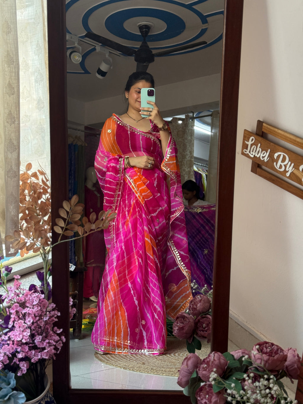 Pink Orange Chiffon Leheriya Saree|  Handwork Gota patti work| With blouse