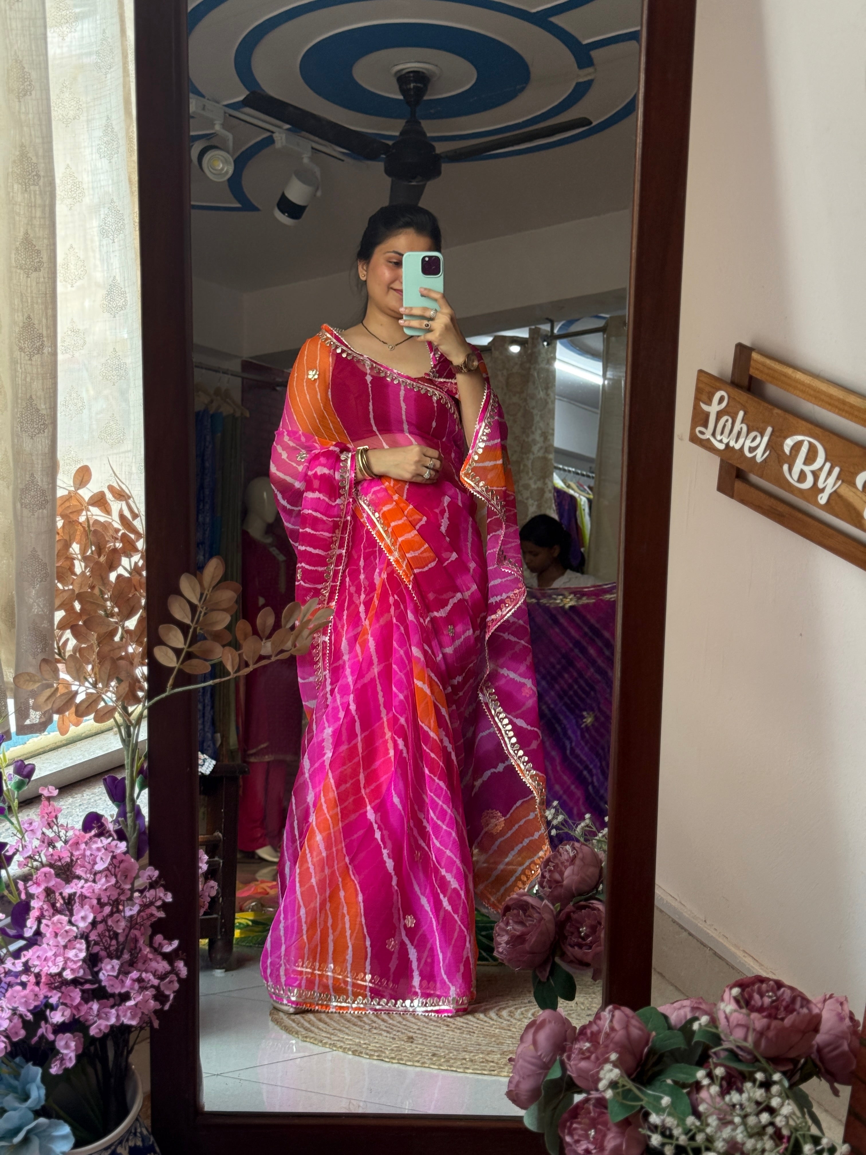Pink Orange Chiffon Leheriya Saree|  Handwork Gota patti work| With blouse