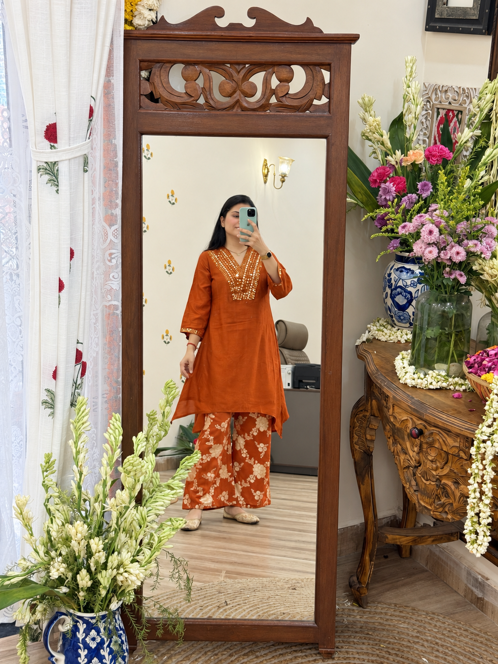 Orange Co Ord Set| Dola Silk | Cotton lining in top + bottom | soft Brocade Silk Pants