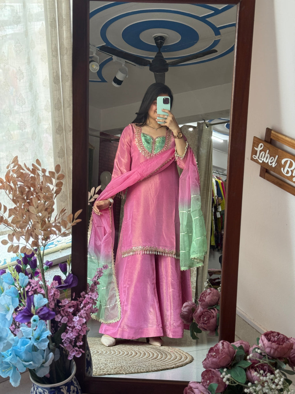 Rakhi Special Handwork Sharara Suit | Hand embroidered | With lining in top and bottom | dual tone Duppata|Tissue Shimmer