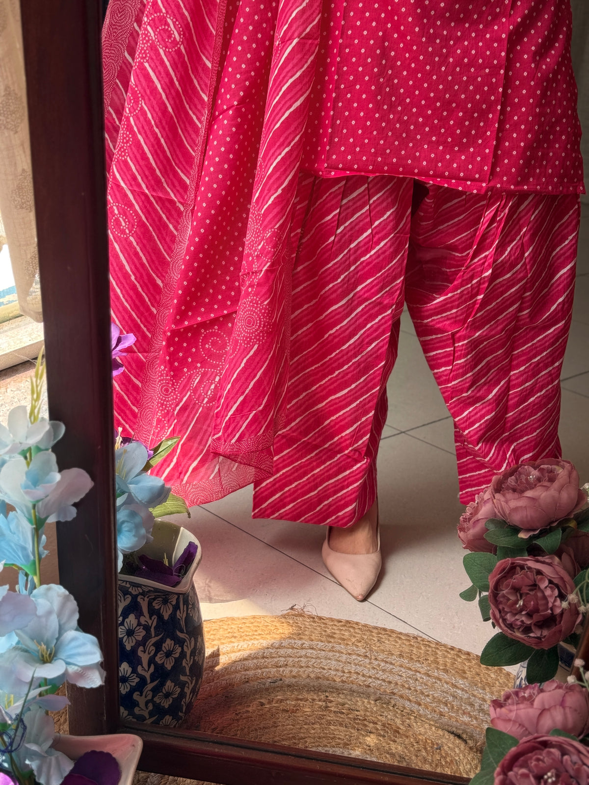 Pink  Farshi Salwar Set| Cotton | Leheriya Salwar| Cotton Duppata | Lacework