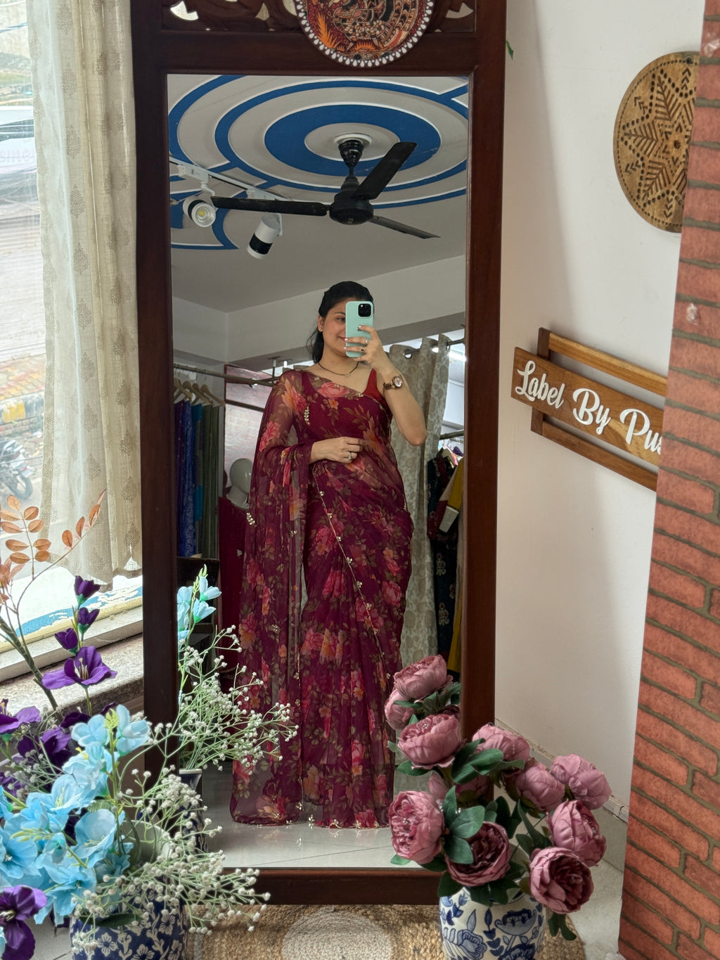 Wine Pure Georgette Handblock Digital Printed Saree| Handwork cutdana detailing| Without blouse