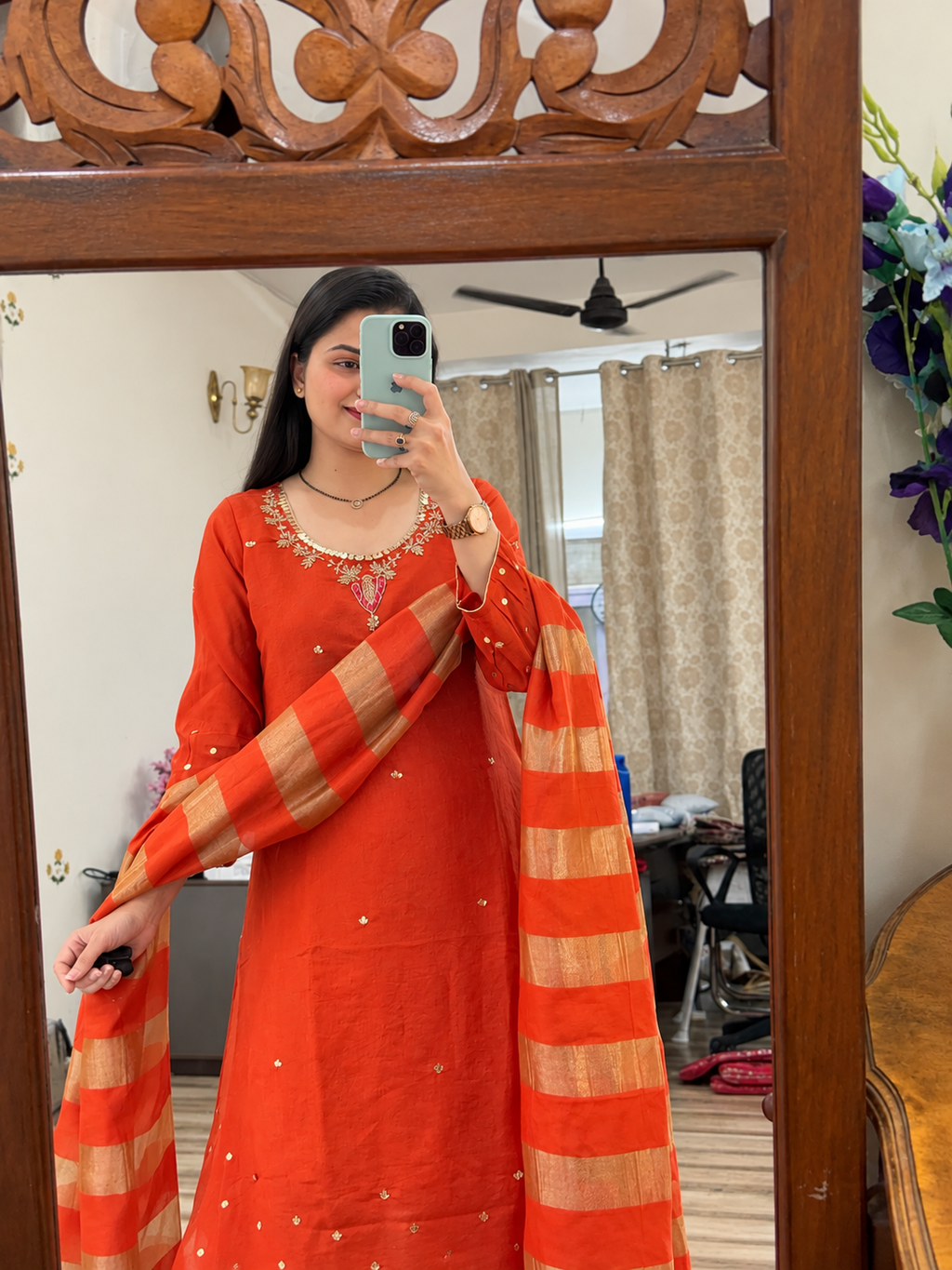 Rust Orange Mul Chanderi Suit | With cotton lining| Hand Embroidered| A line pattern| Tissue Duppata