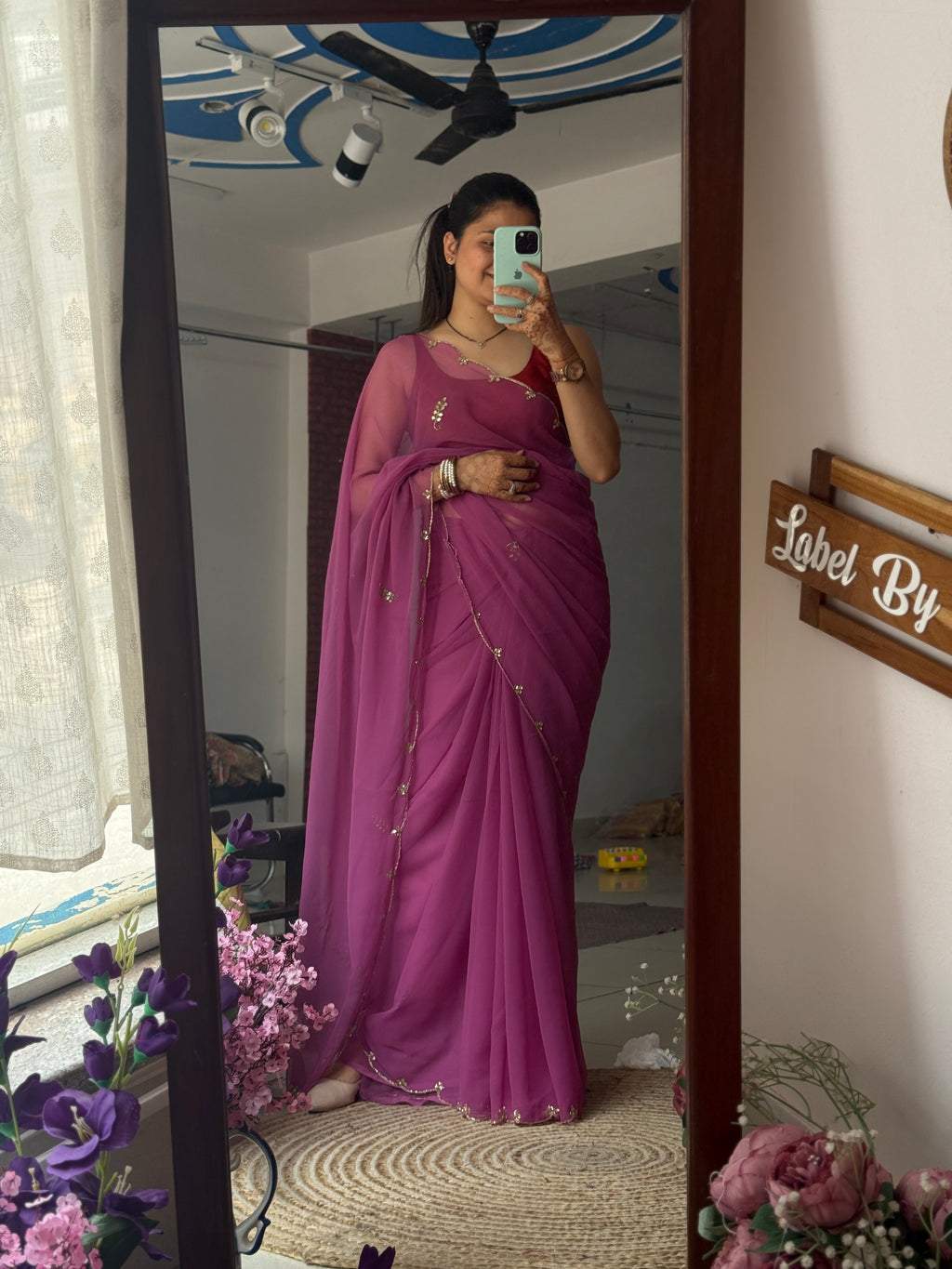 Onion Pink Pure Georgette Saree| Handwork cutdana detailing| With blouse
