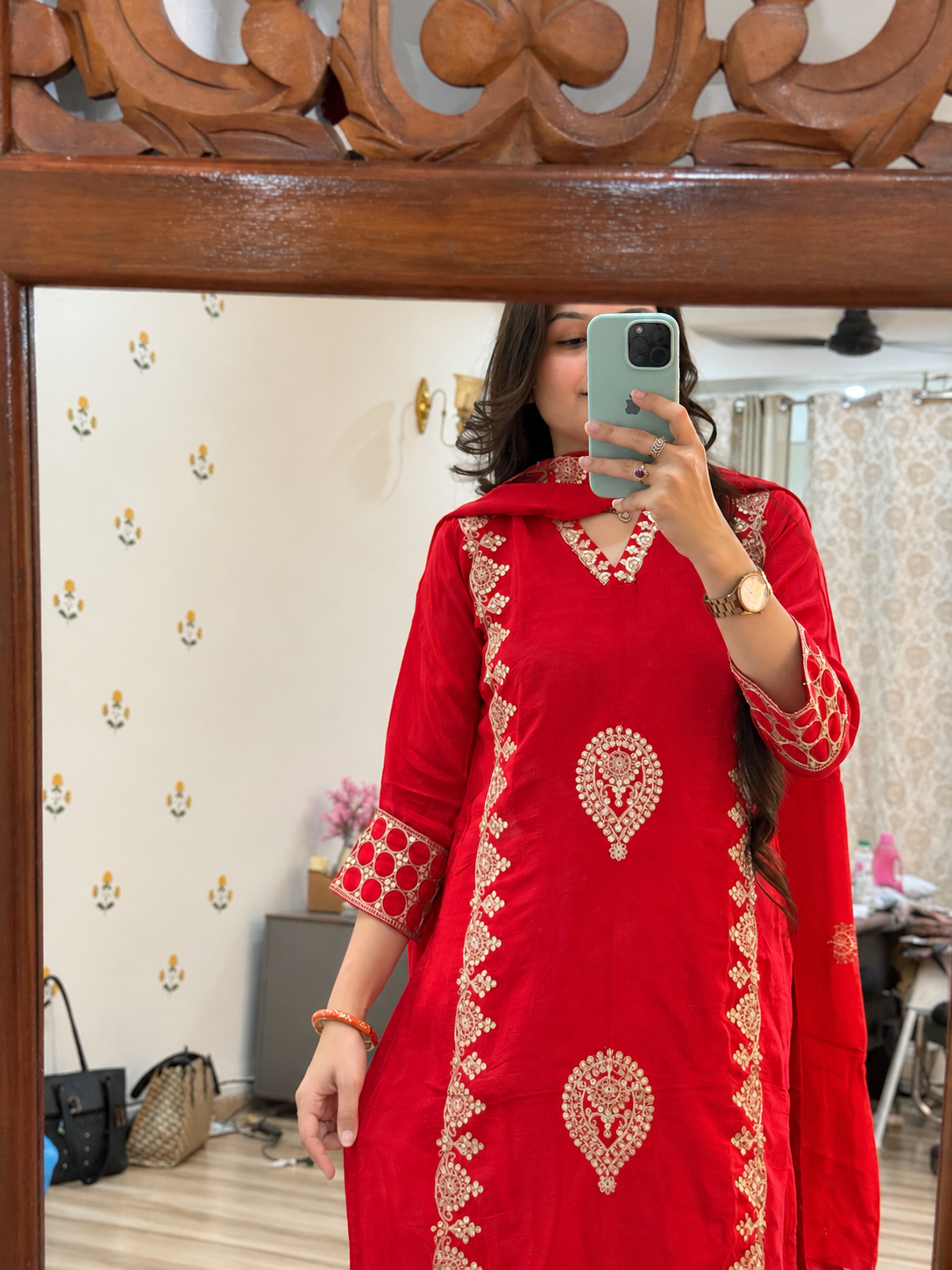 Red Karwachauth Silk Suit | Cotton lining in top + bottom| Embroidered back | Silk Duppata| Zari Embroidered