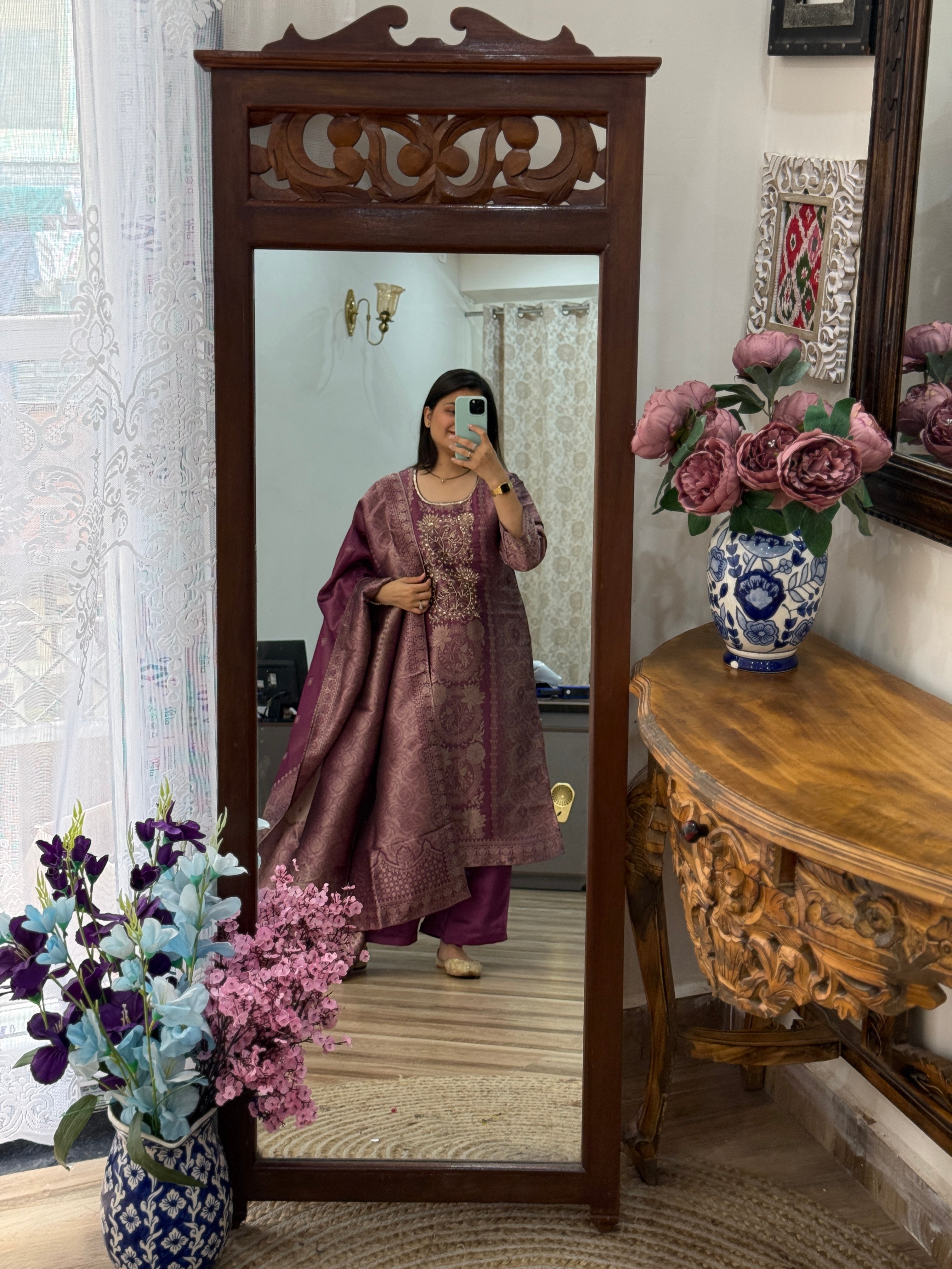 Wine Heavy Partywear Suit | Tissue Brocade suit | With cotton lining| Hand Embroidered| Designer Duppata