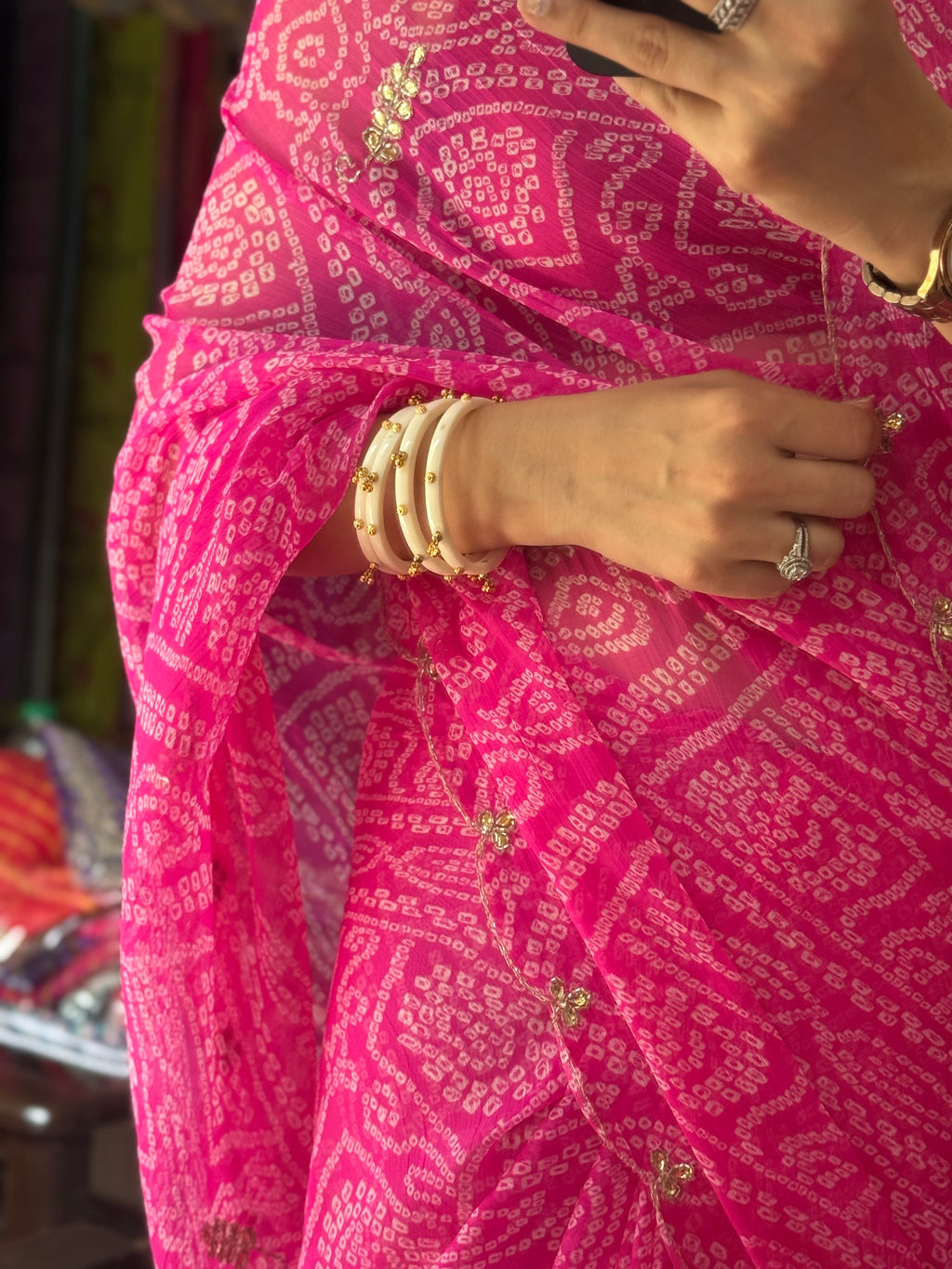 Pink bandhej |Pure Georgette Digital Printed Saree| Handwork cutdana detailing| Without blouse