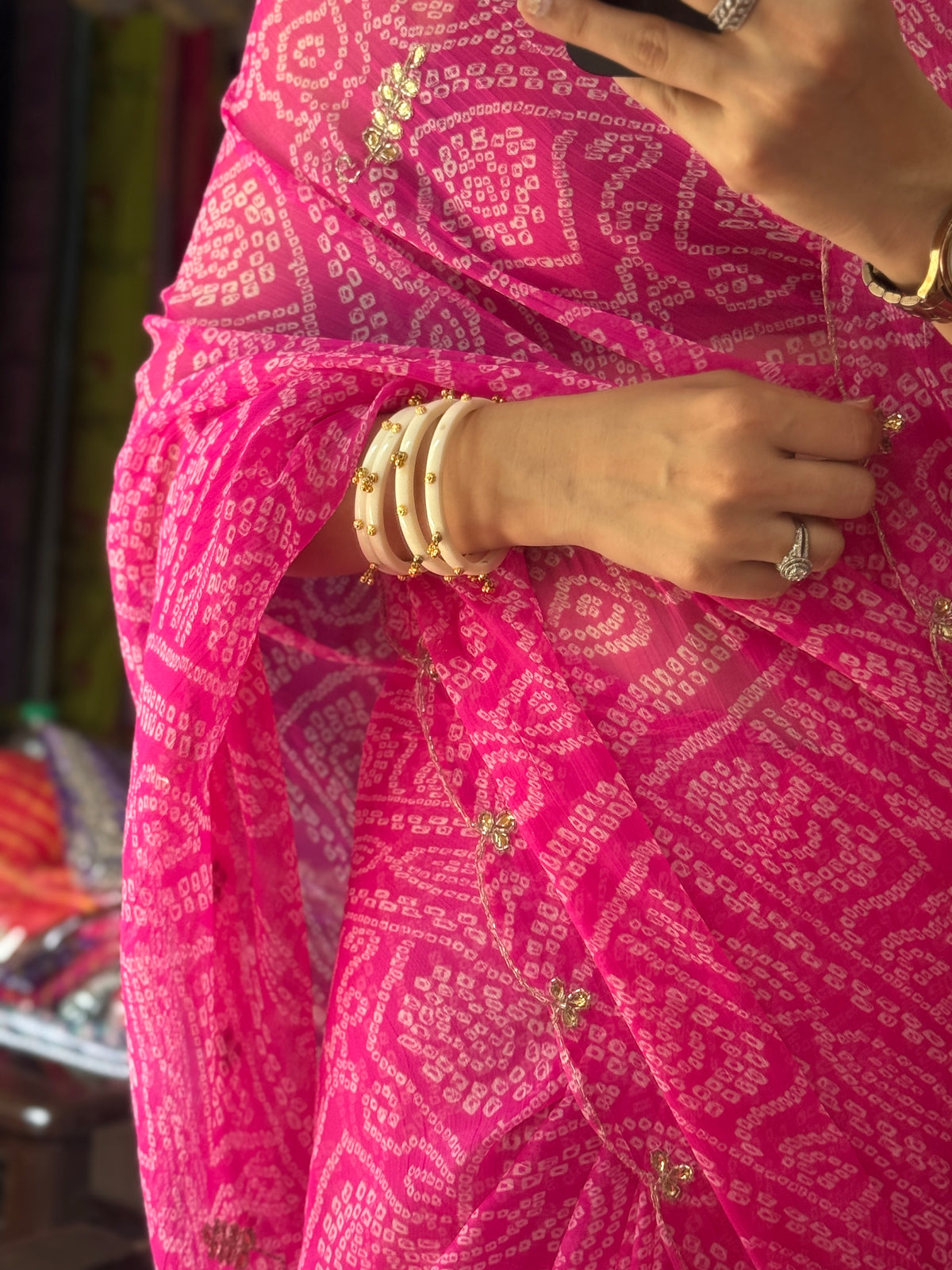 Pink bandhej |Pure Georgette Digital Printed Saree| Handwork cutdana detailing| Without blouse