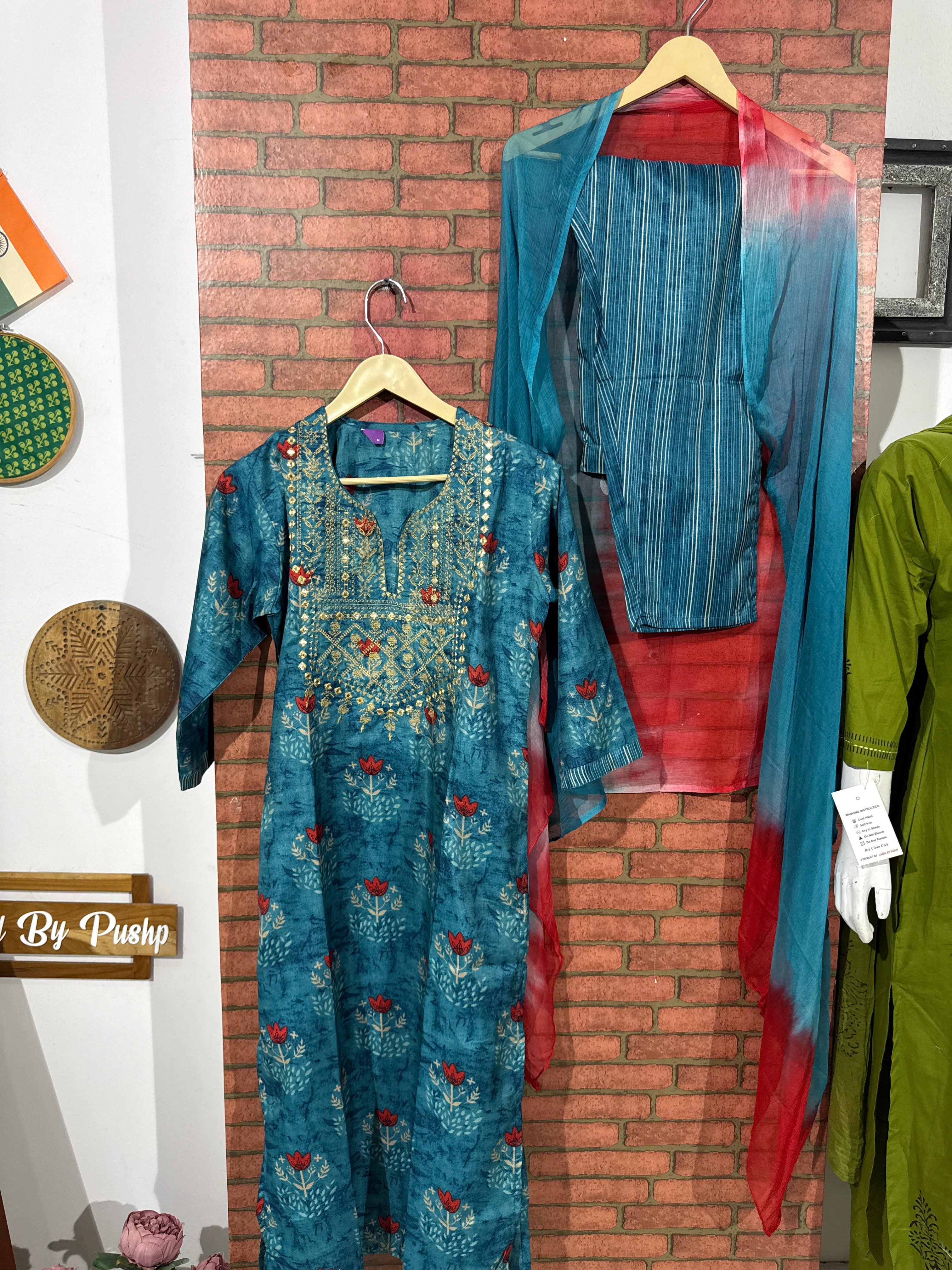 Firozi Suit Set | Silk cotton | Embroidered| Chiffon Duppata
