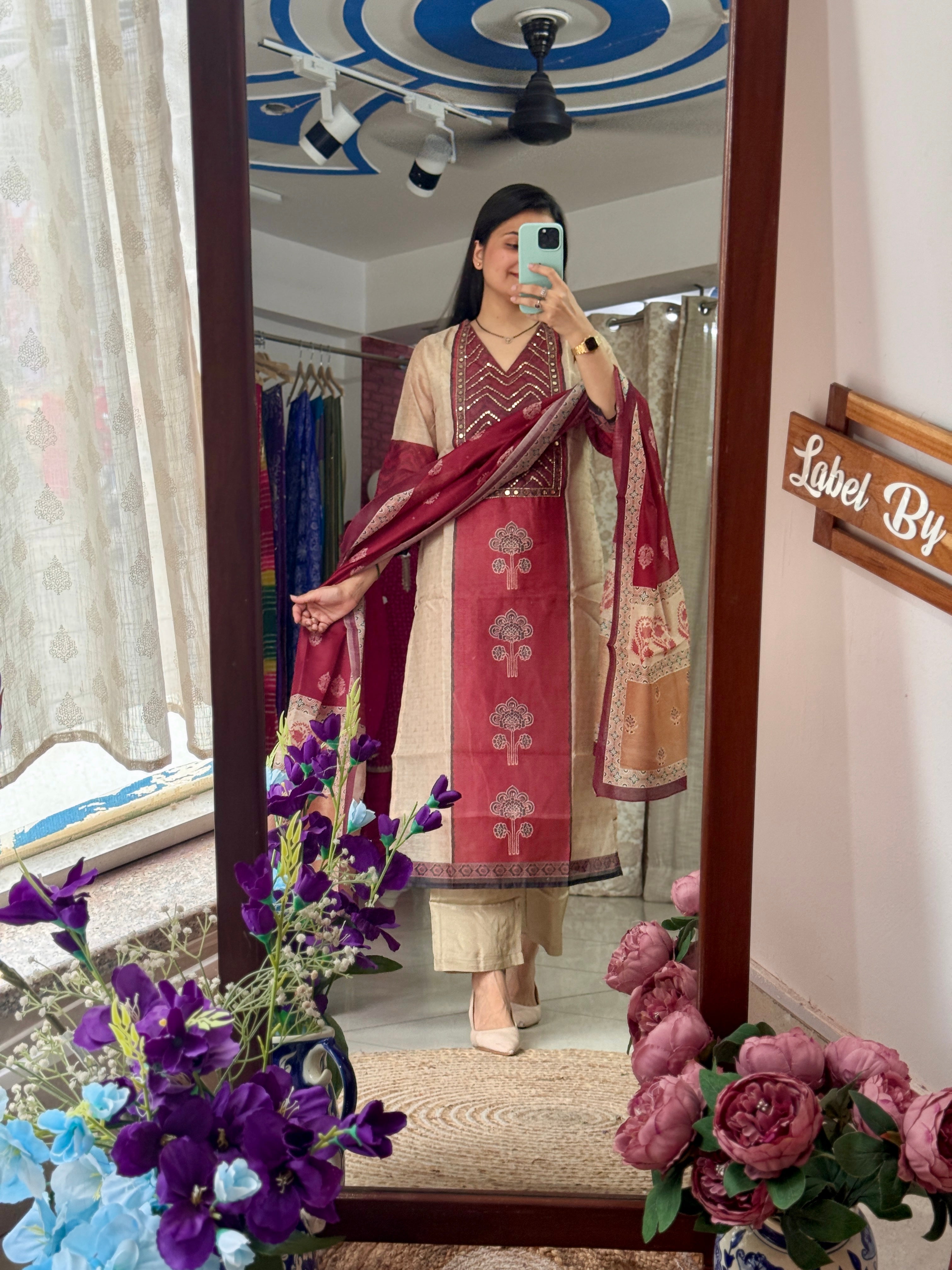 Chanderi Silk| Handwork Suit| With cotton lining| Partywear