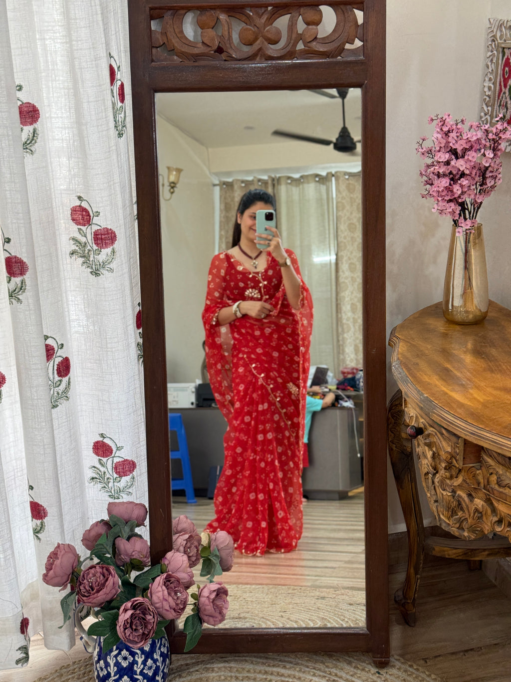 Red Bandhej  |Pure Georgette Handwork cutdana detailing| Without blouse