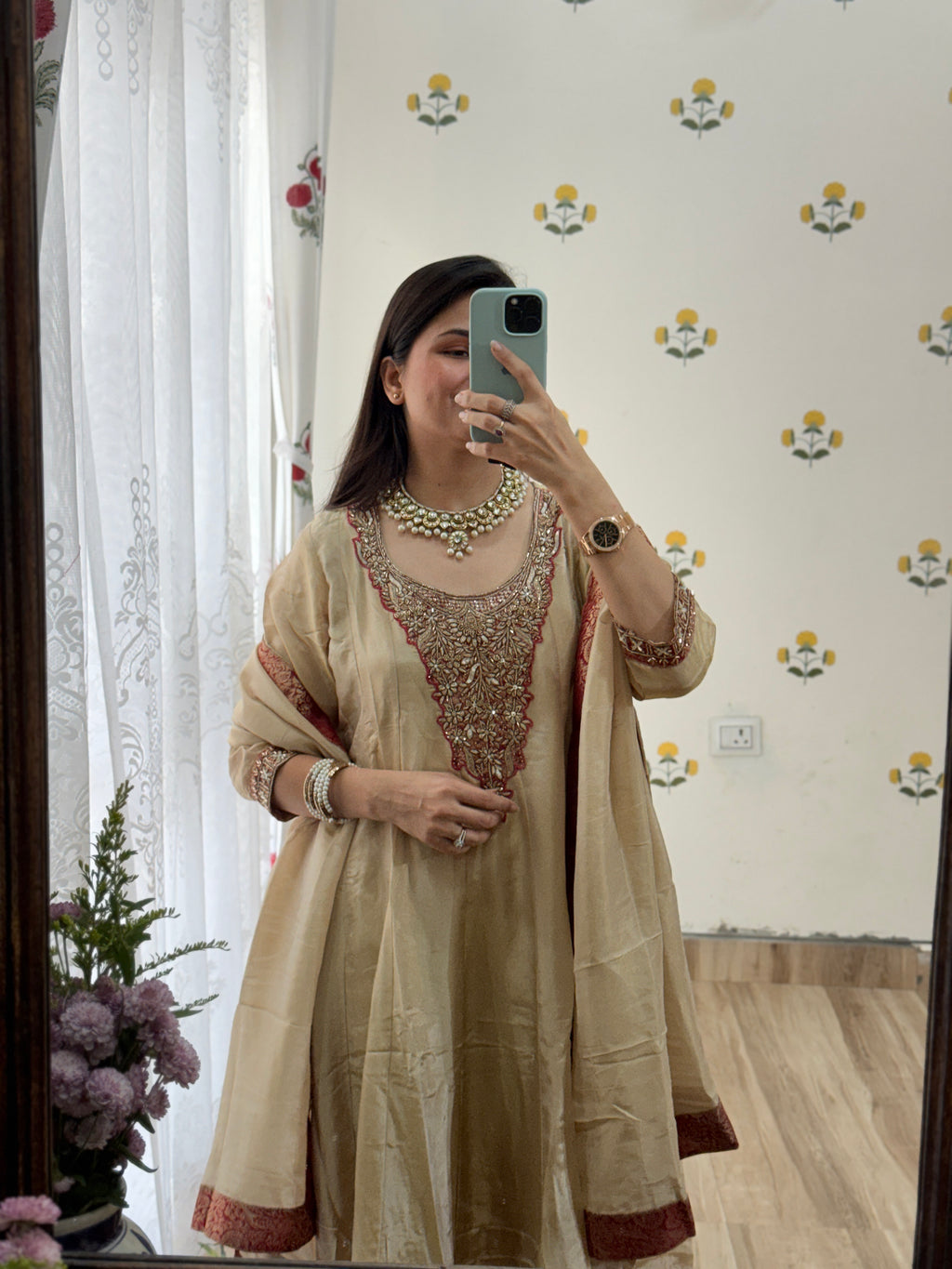 Tissue Shimmer Embroidered Anarkali Suit| with lining| Banarsi Border| Hand Embroidered