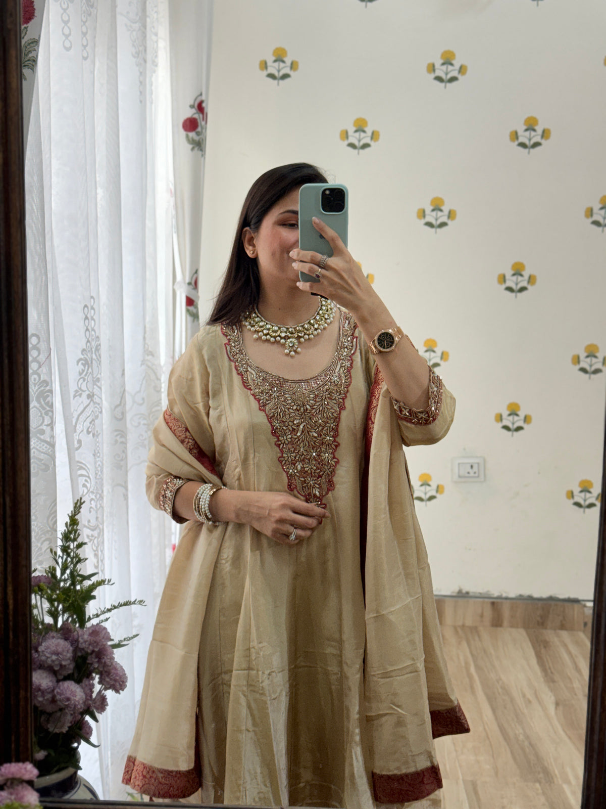 Tissue Shimmer Embroidered Anarkali Suit| with lining| Banarsi Border| Hand Embroidered