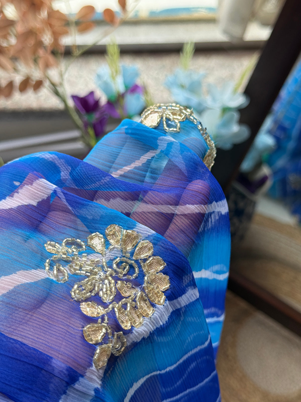 Blue Green Pure Georgette Handblock Digital Printed Saree| Handwork cutdana buta detailing| With blouse