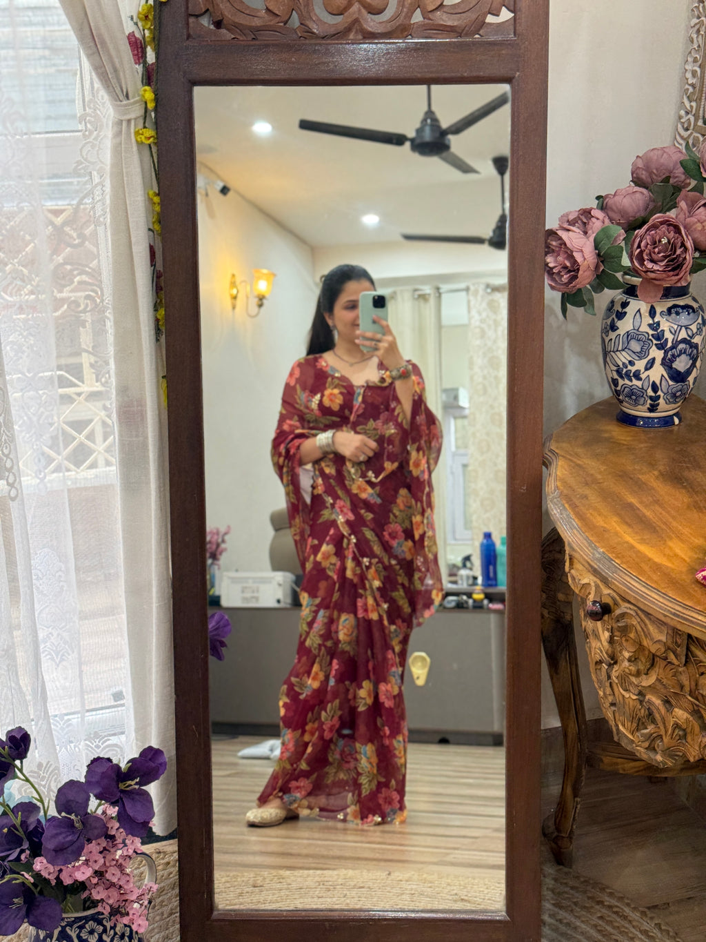 Wine |Pure Georgette Digital Printed Saree| Handwork cutdana detailing| Without blouse