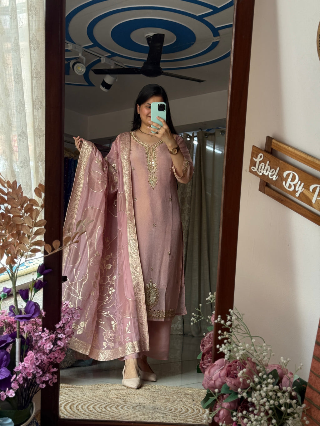 Hand Embroidered Tissue Shimmer Suit| Designer sleeves, bottom with Pure Duppata lacework| within lining